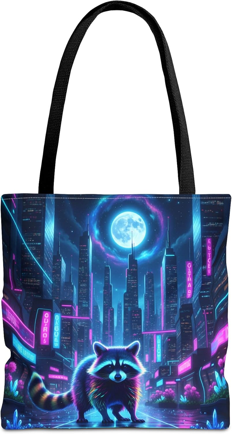 Premium Tote Bag with Reinforced Stitching - Neon Raccoon Exploring a Luminous Cityscape