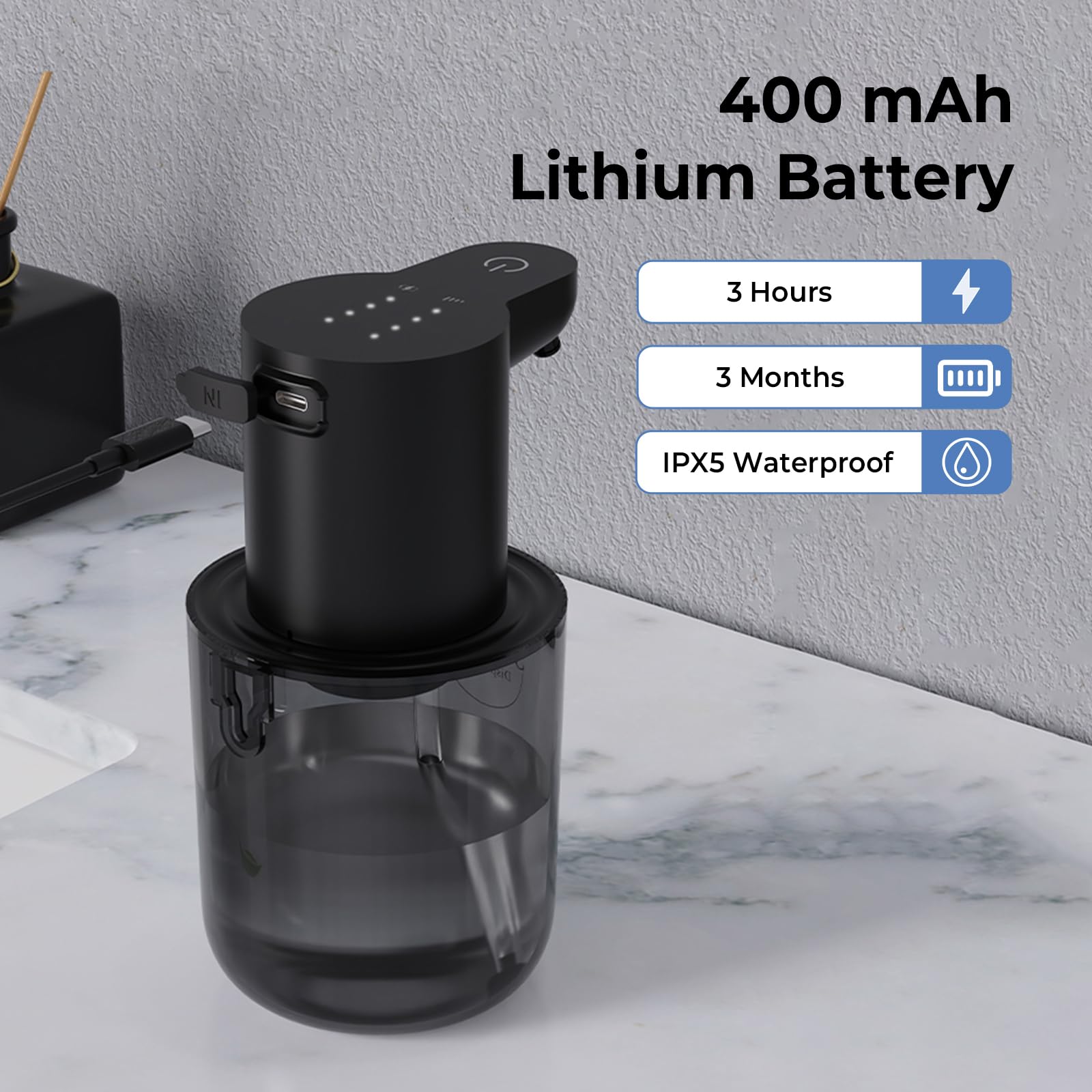 Dispensador de Jabón Espumoso Automático sin Contacto, 400ml con Cuerpo Transparente y Pantalla LED, 4 Niveles Ajustables, Carga USB-C Rápida, IPX5, para Cocina, Baño, Hotel — view 7