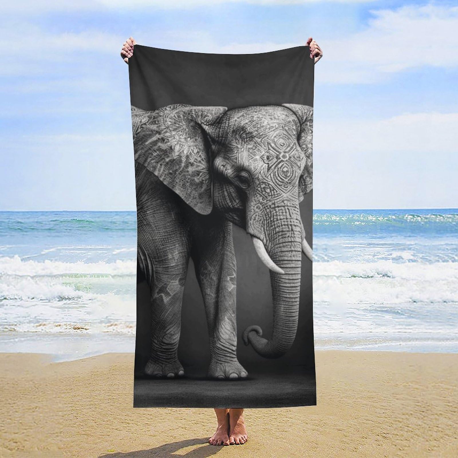 NTVOWPZO Black and White Elephant Image Beach Towel Oversized Microfiber Bath Towels Lightweight Sand Proof Beach Towels Absorbent Pool Towels for Swimming Yoga Bathroom Towel 31.5" X 63"