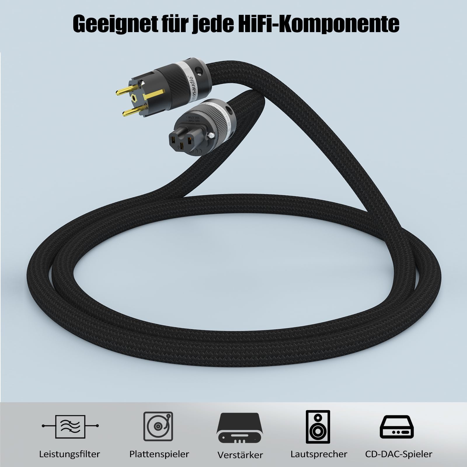 Monosaudio P903 HiFi High-End Netzkabel 2.5 Sq, audiophiles Stromkabel 2 m mit OCC Kupferabschirmung, C15-Kaltgerätekabel mit IEC und EU Schukostecker für DVD/Verstärker/Decoder/Subwoofer/AMP