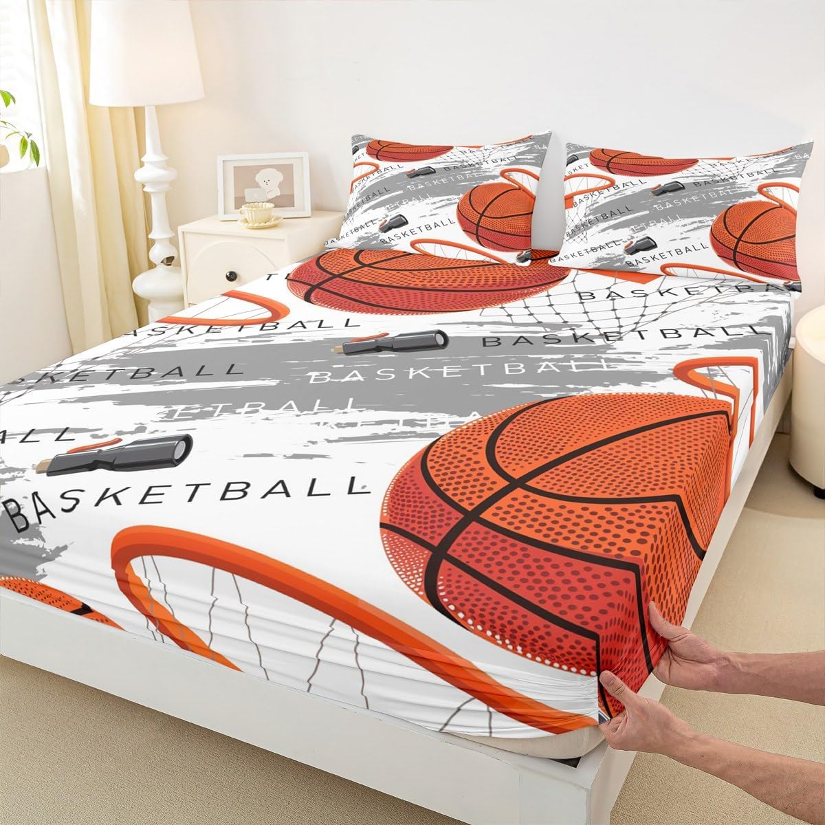 Basketball Sheet Set Twin Size Orange Basketball Print Bedding Set for Kids Boys Teens Room Decor, Sports Gaming Theme Bed Sheet Set 3pcs with Deep Pocket Fitted Sheet + Flat Sheet + 1 Pillowcase