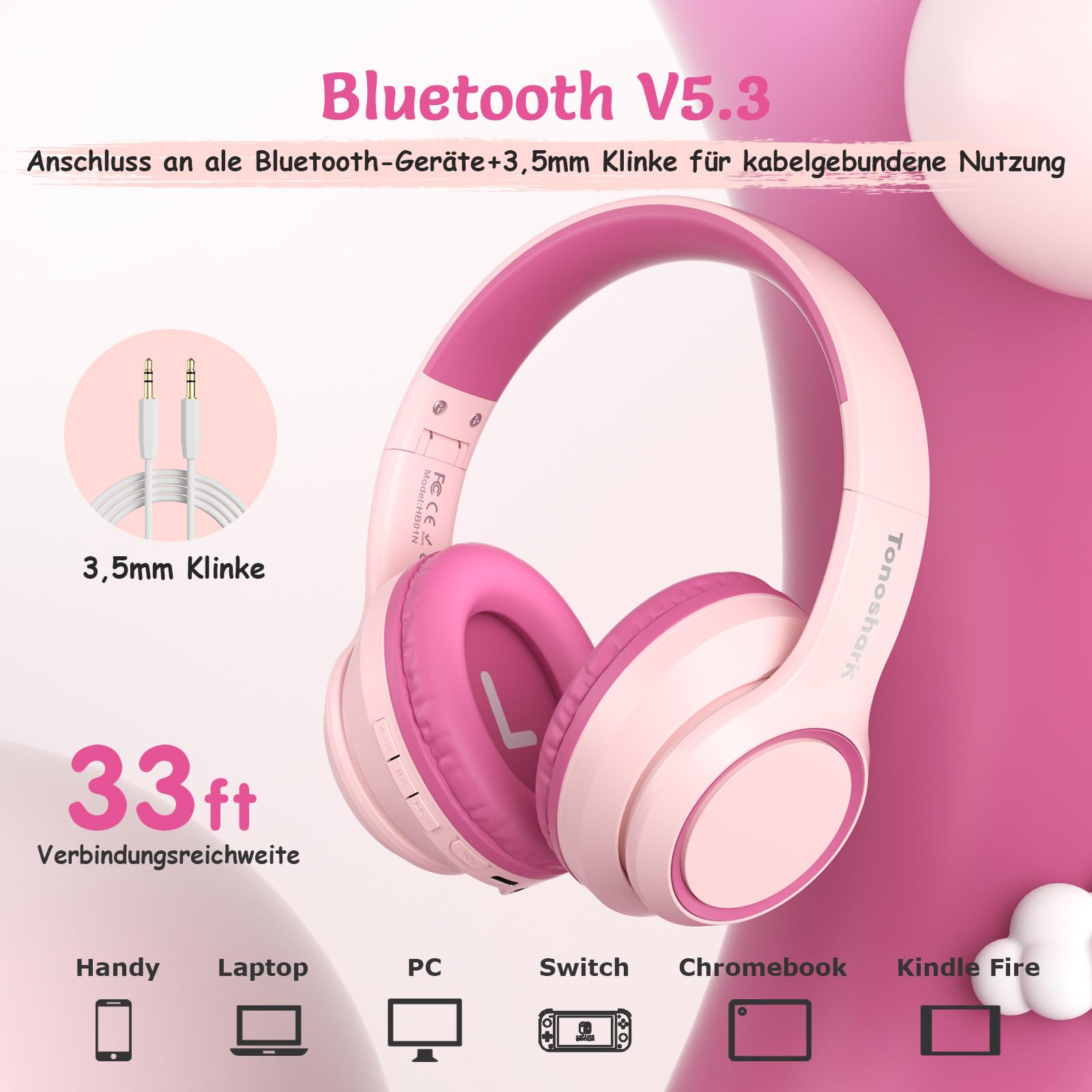 TONOSHARK Bluetooth Kopfhörer Kinder | Noise Cancelling Kinder Kopfhörer | Over-Ear Kinderkopfhörer Bluetooth Kabellos Mit Mikrofon | 60h Spielzeit (Rosa) - Für Schule/Reisen | Inkl. Tragetasche
