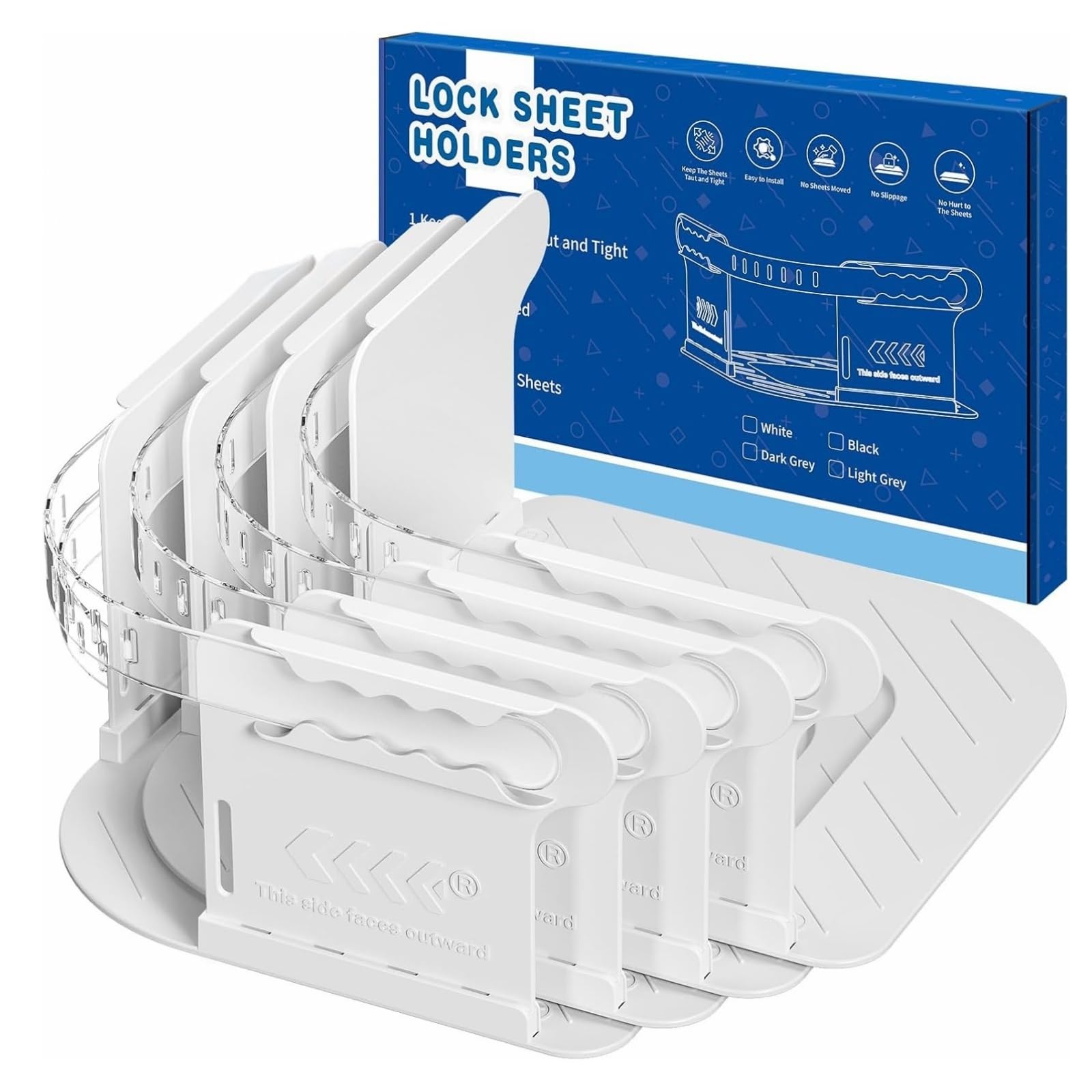 Jineathes White Bed Sheet Holder – Heavy Duty Sheet Fasteners With Lock Straps, Keep Sheets Firm & Tight, Corner Fitted Sheet Clips For All Mattress Sizes, Easy Installation, Foldable (White)