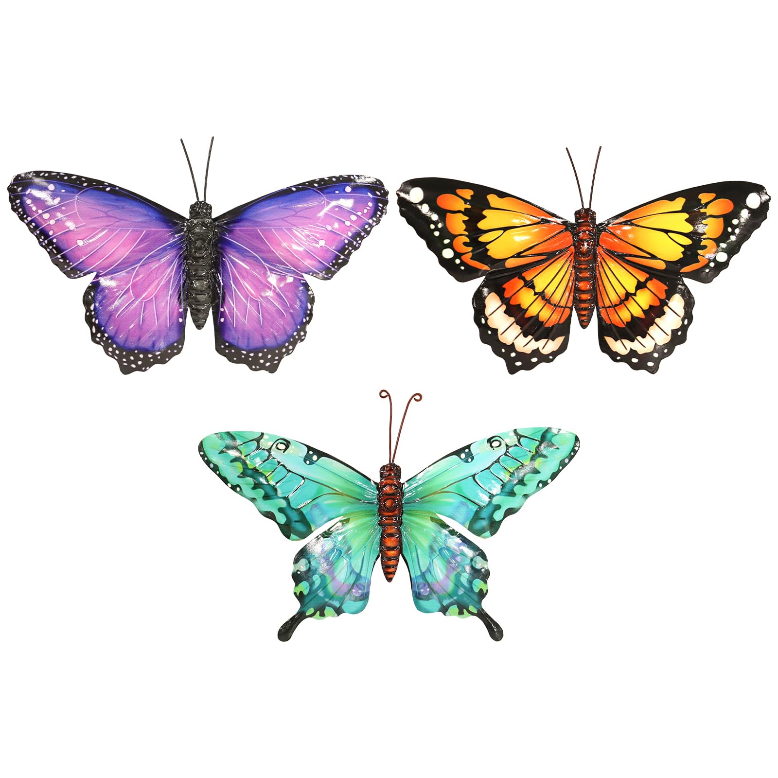 Primus Home & Garden Purple/Orange/Cyan Primus & Set Of 3 Small Metal Butterfly Wall Art