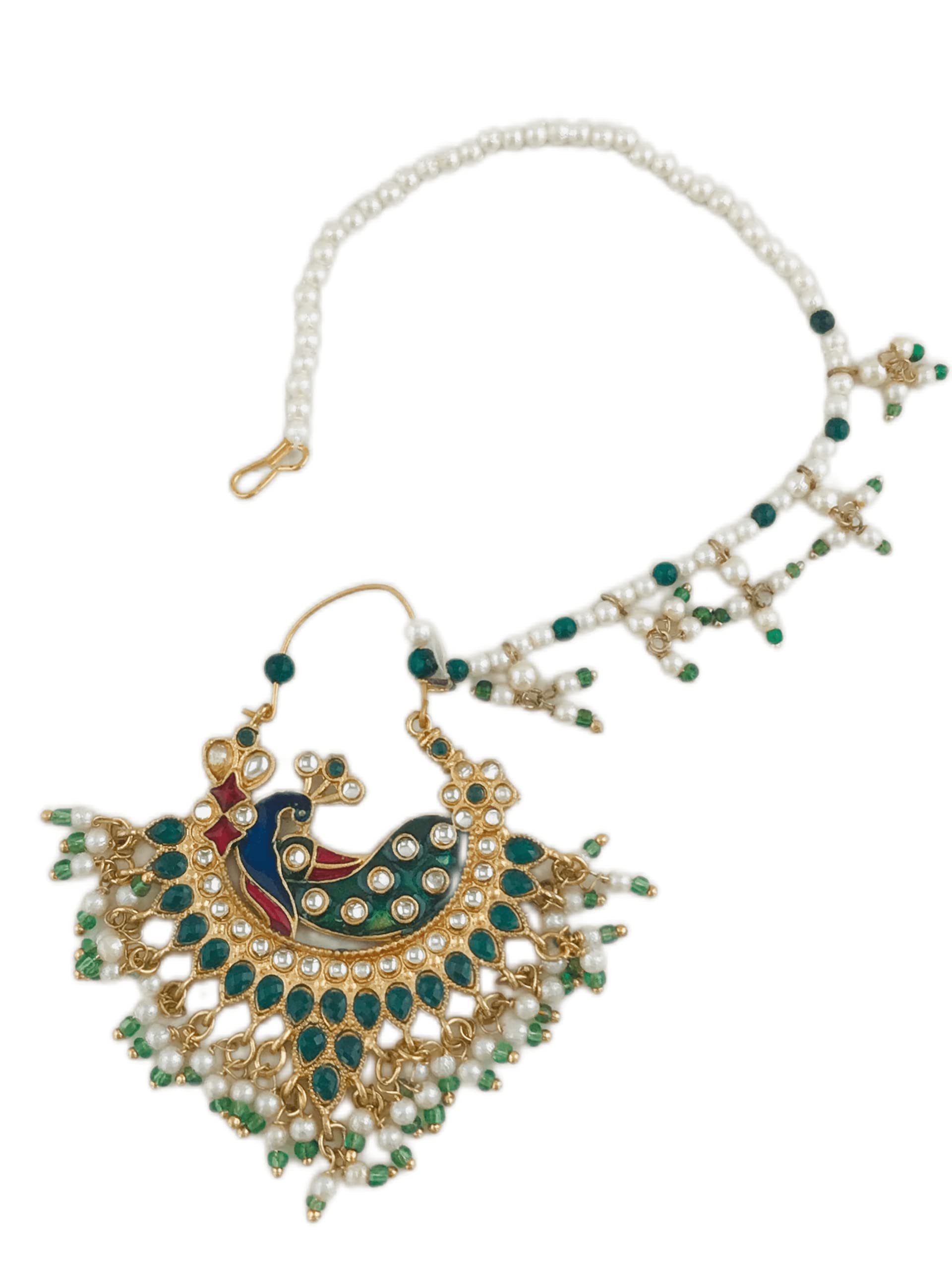 TOF Gold Plated Traditional Rajasthani Peacock Nathiya/Nose Ring with Pearls Chain in Kundan, Meenakari and Multicolour for Women and Girls (Green) (B08X2SNDCG) Amazon Price History, Amazon Price Tracker