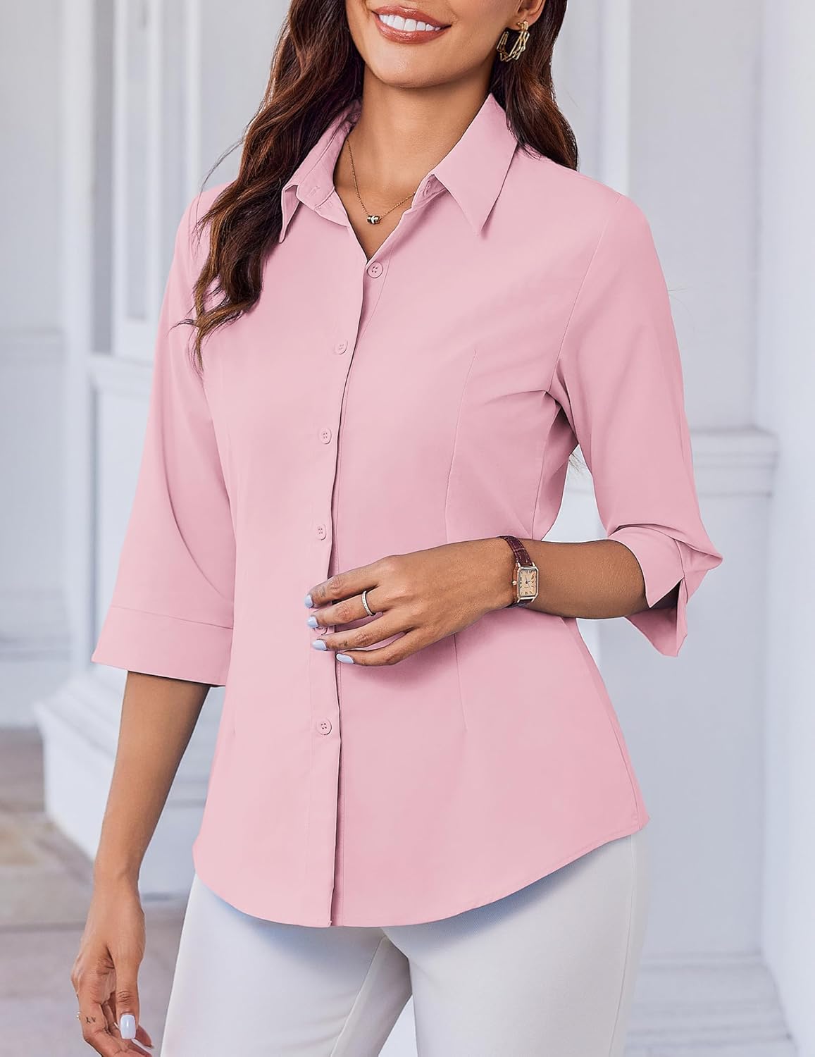HOTOUCH Women Button Down Shirts 3/4 Sleeve Basic Business Dress Shirt Slim Fitted Classic V Neck Button Up Work Blouse Tops - Image 3