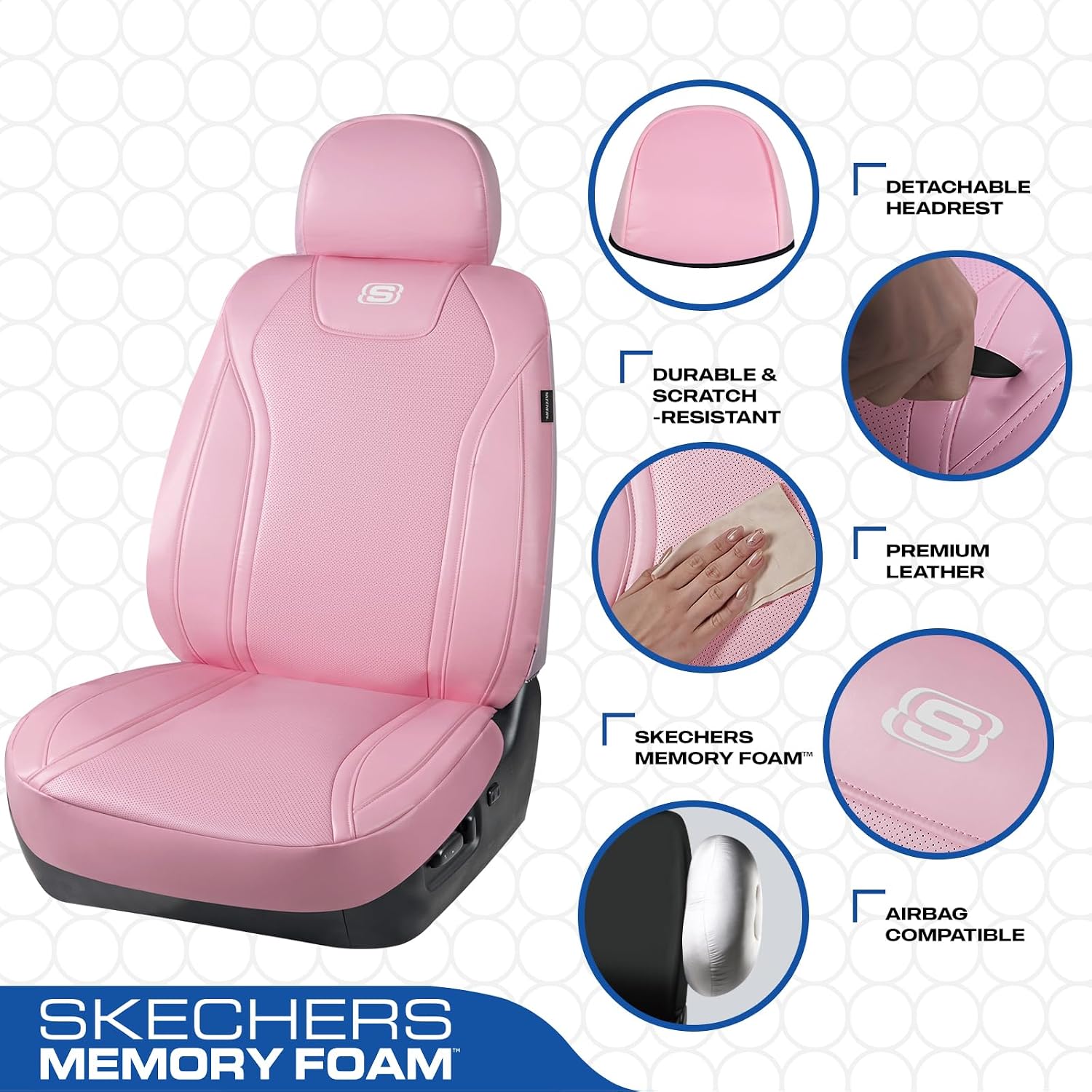 Skechers Seat Covers Memory Foam-Luxury Leather Car Seat Covers, Breathable Comfort & Support Front Seat Cover Airbag Compatible, Automotive Universal Fit Most for SUVs, Vans, Cars, Trucks,Pink image 3