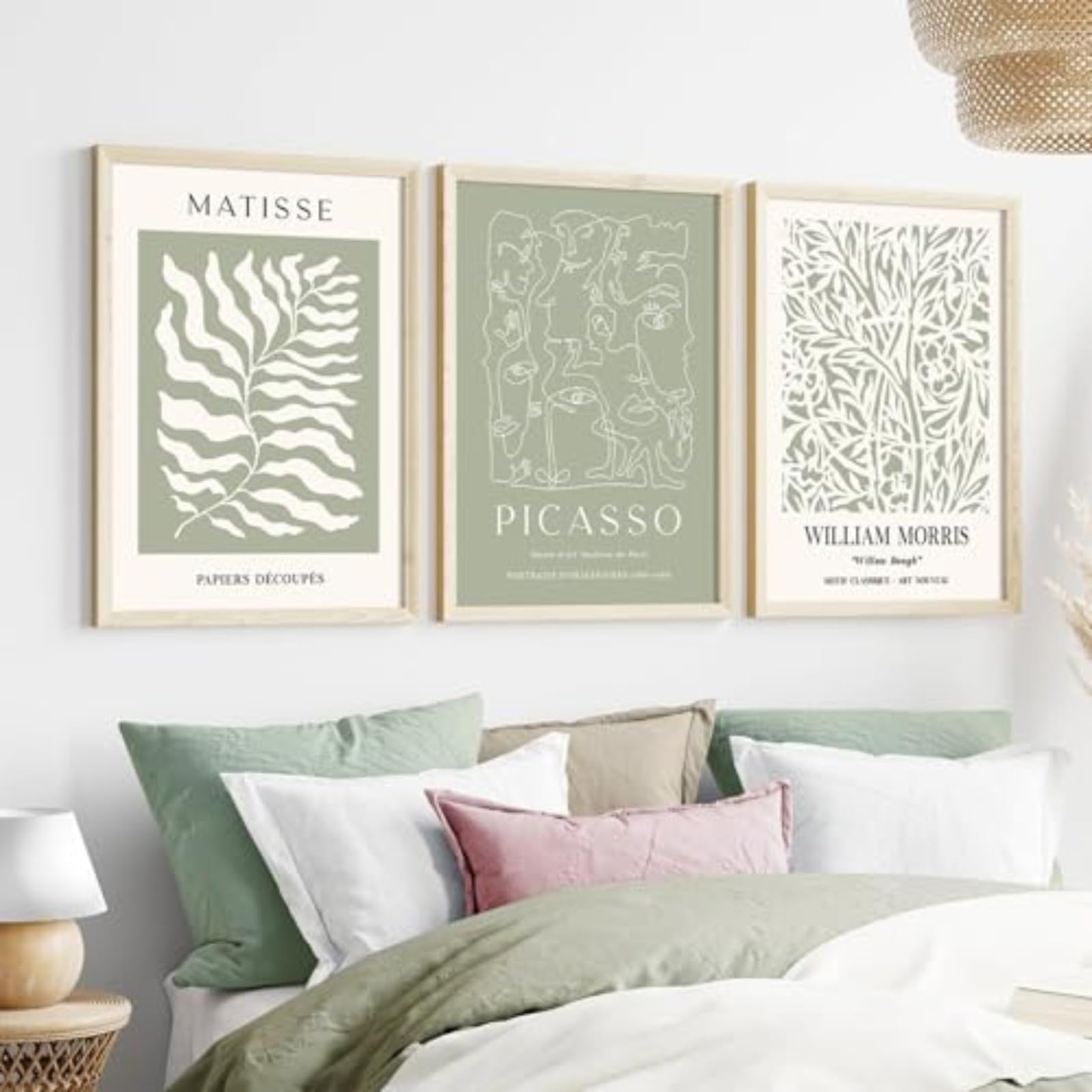 Zbello 40X50cm Boho Sage Green Abstract Art Prints Set Of 3, No Frame Included Matisse & Picasso Posters, Neutral Retro Decor For Home Office Bedroom (40X50cm)