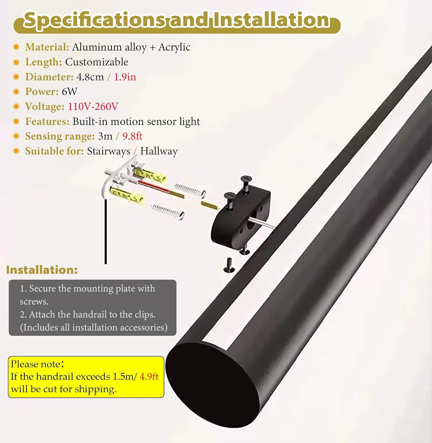 3 4 5 6 10 12 14 ft Stair Railing Kit for Indoor, Round Stair Handrail with Led Motion Sensor Light, Heavy-Duty Staircase Hand Rails Aluminum Pipe(Left,3ft/91cm)