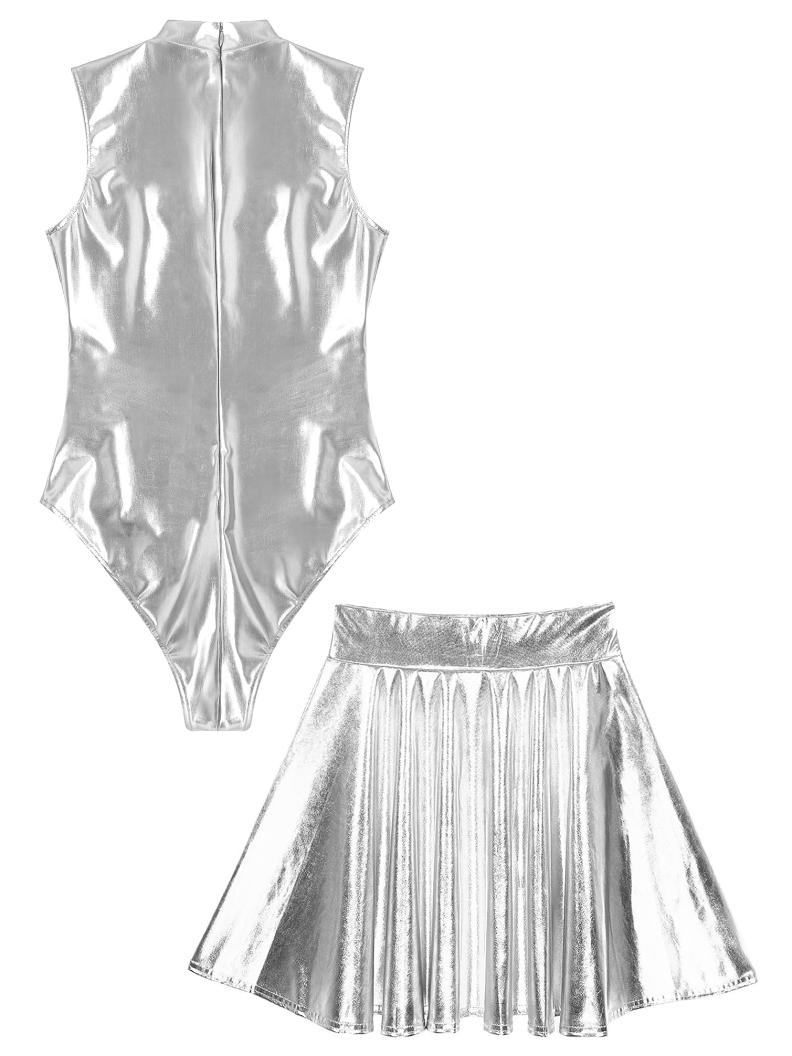 Donna Tutina Ginnastica Metallizzata Iridescente Brillante Body Senza Maniche con Gonna Plissettata Abbigliamento da Danza Set per Disco Carnevale