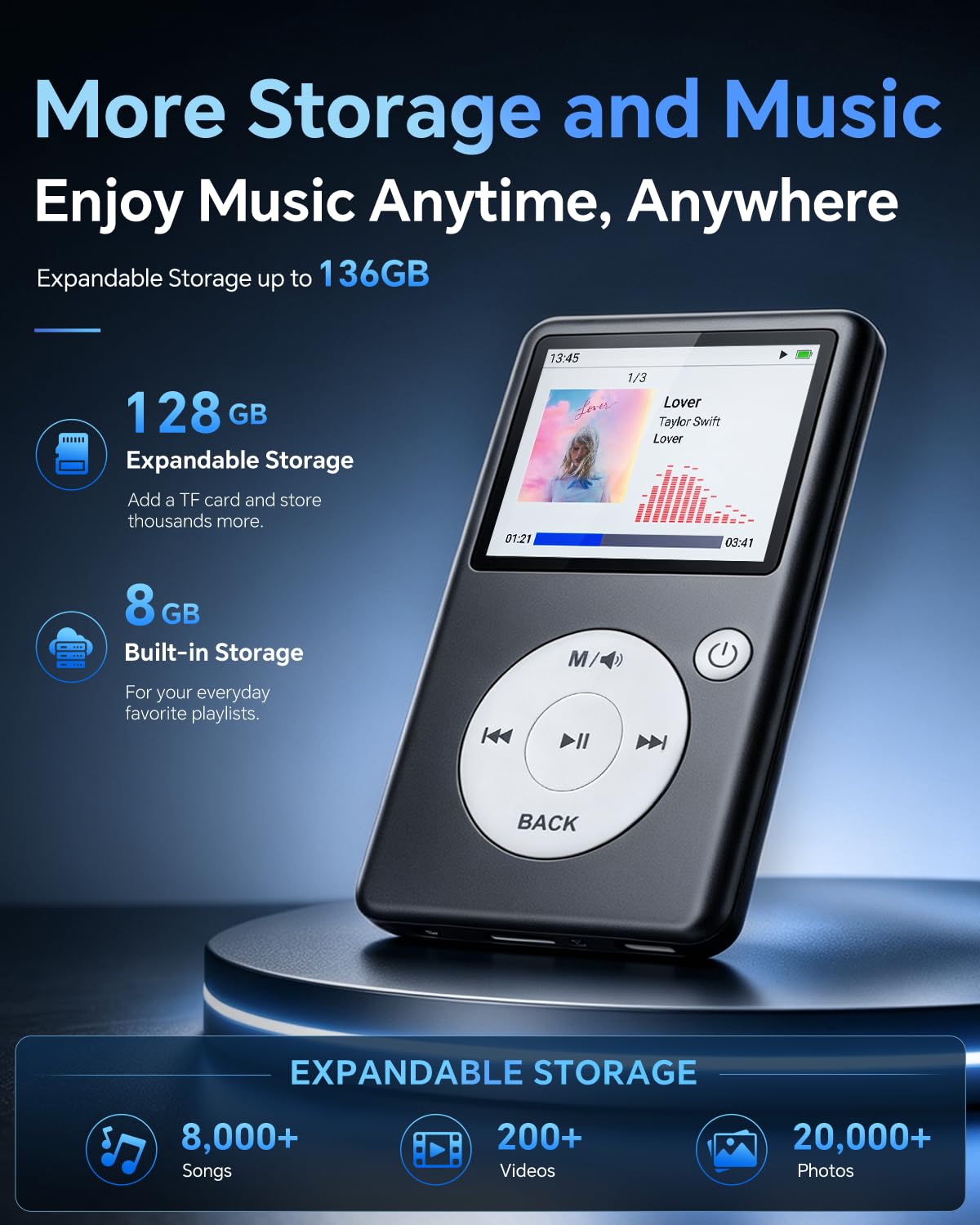 Lettore MP3 Bluetooth 5.3, audio HiFi senza perdita, schermo 2,31", memoria espandibile 128 GB, video 1080P, radio FM, e-book, registrazione, portatile per sport, studio e viaggi