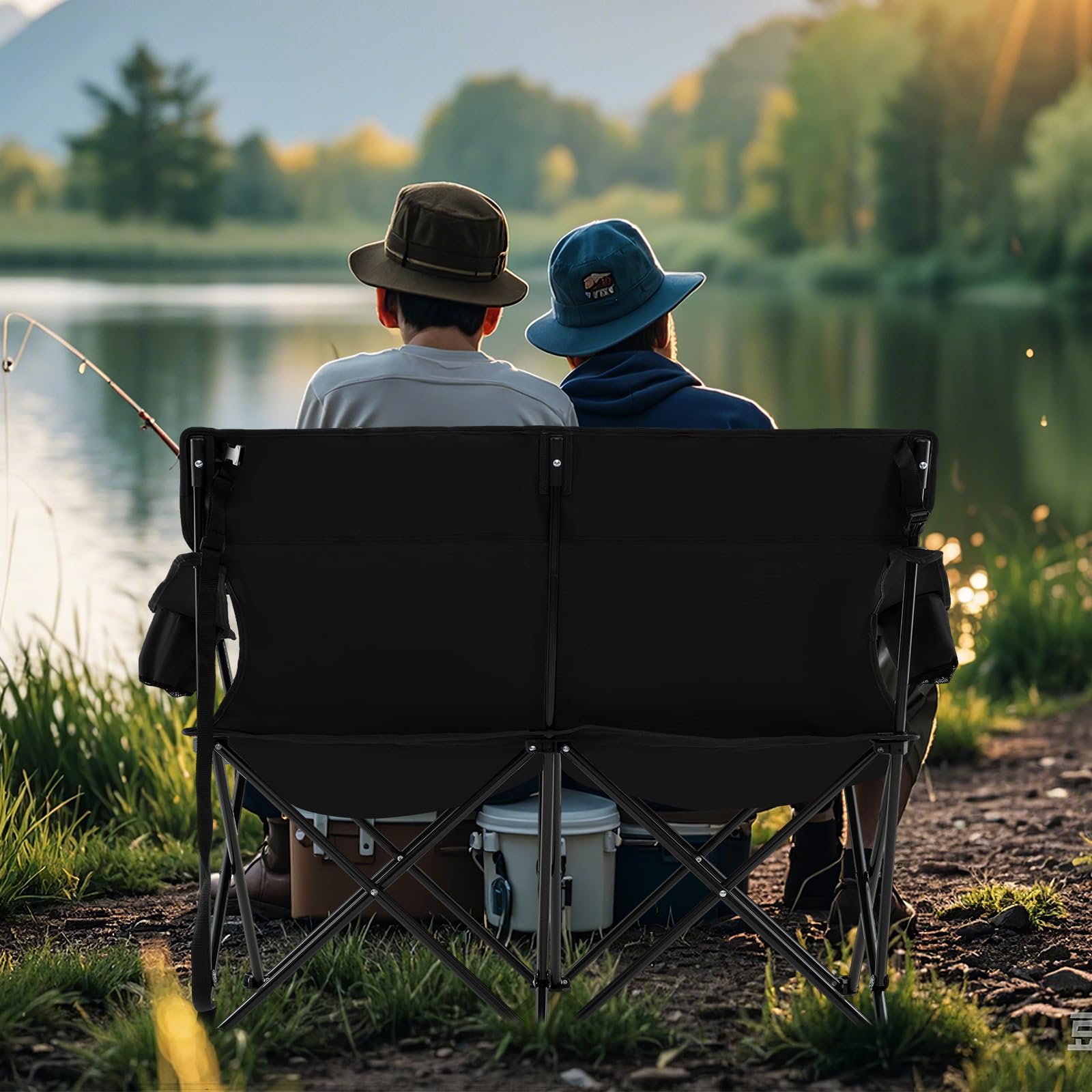 COSTWAY Chaise Pliante Camping à 2 Places, 132 x 66 x 96 cm, Charge 300 kg, Chaise de Jardin Exterieur, 2 Porte-Gobelets, Sac de Transport, Tissu Oxford, Fauteuil Pliant pour Plage Voyage Pêche (Noir)
