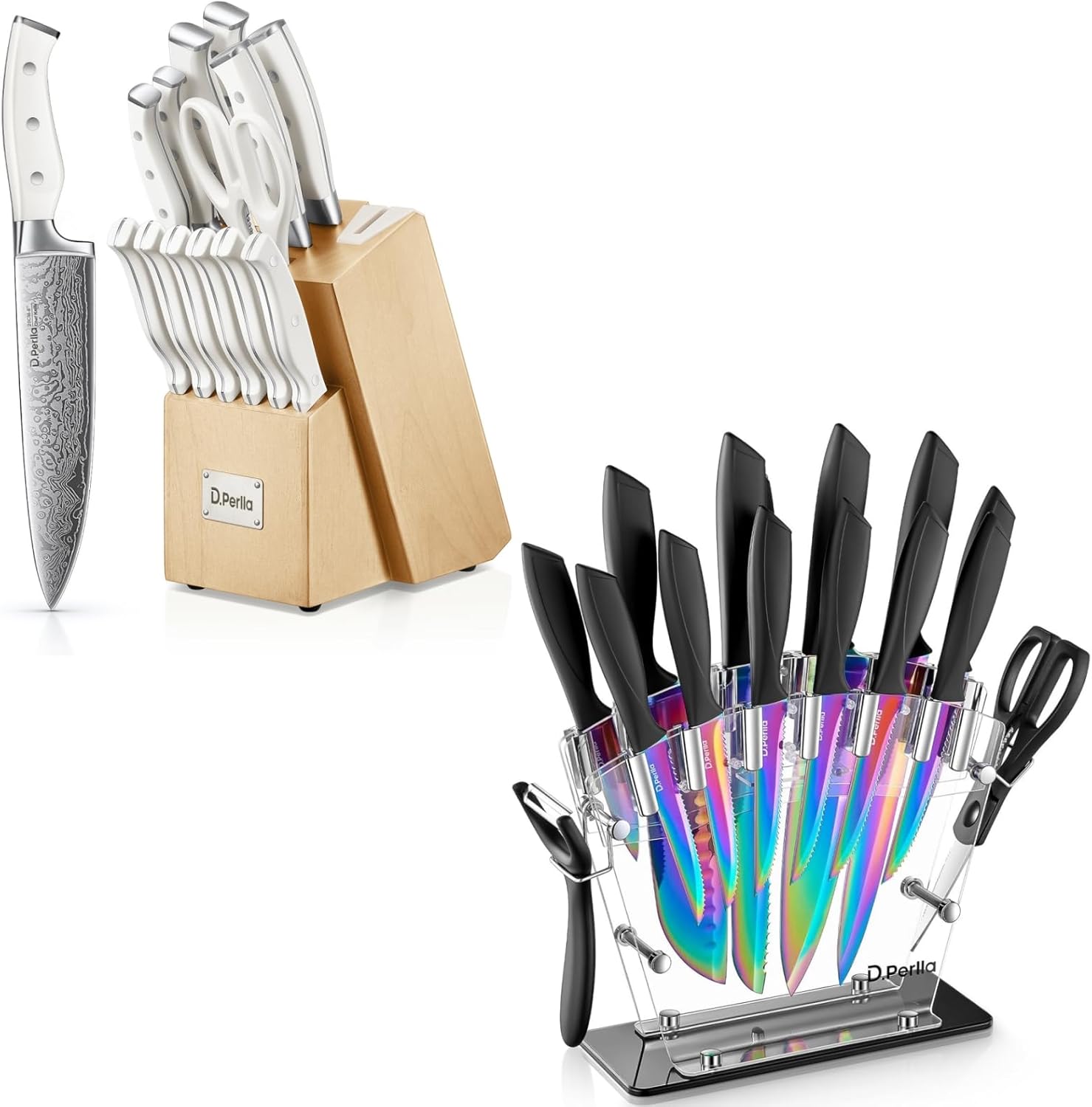 16 Pieces Rainbow Titanium Knife Block Set and 14 Pieces Kitchen Knife Set with Built-in Sharpener