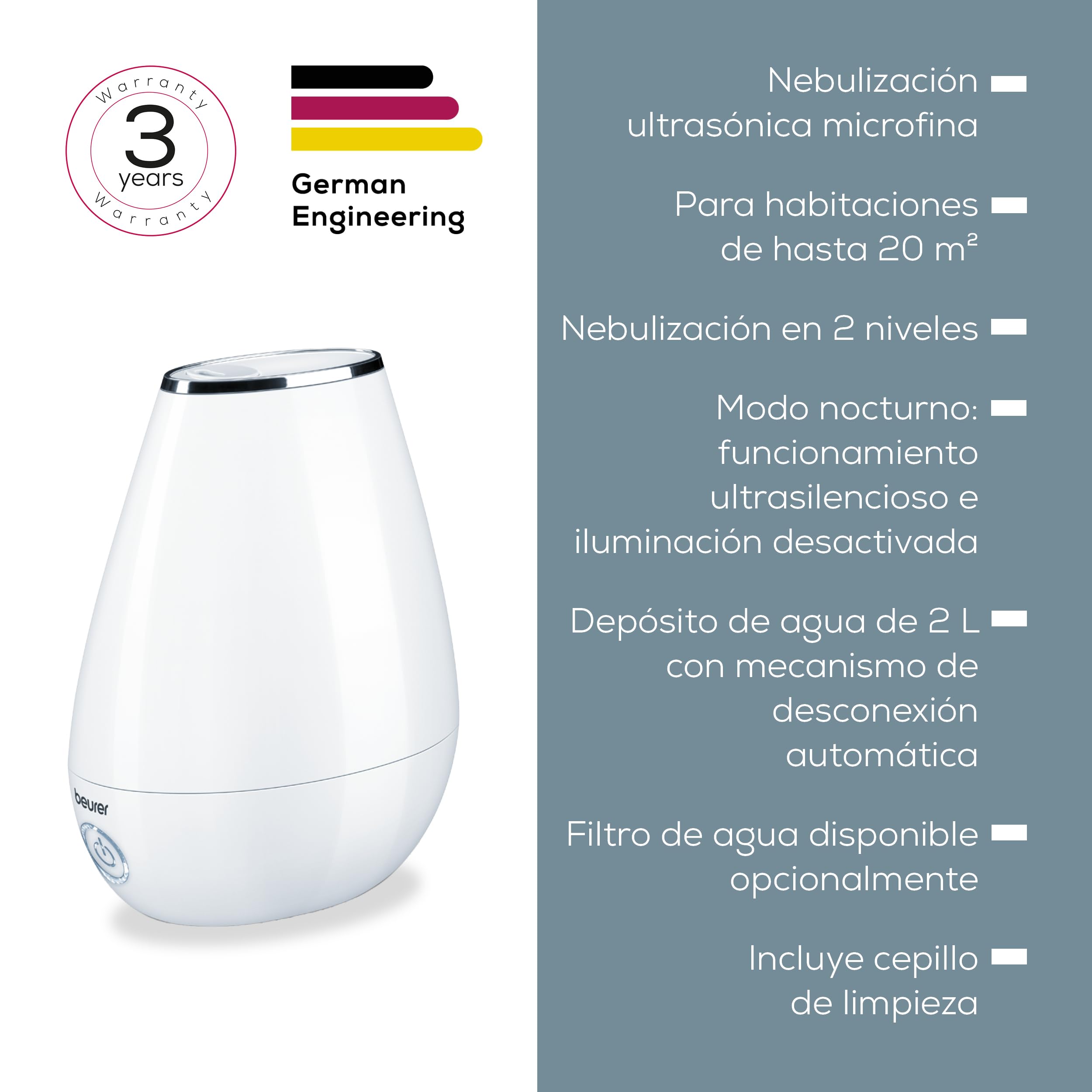 Beurer LB 37 Humidificador ultrasónico con difusor de aroma, modo nocturno, depósito 2 L, blanco