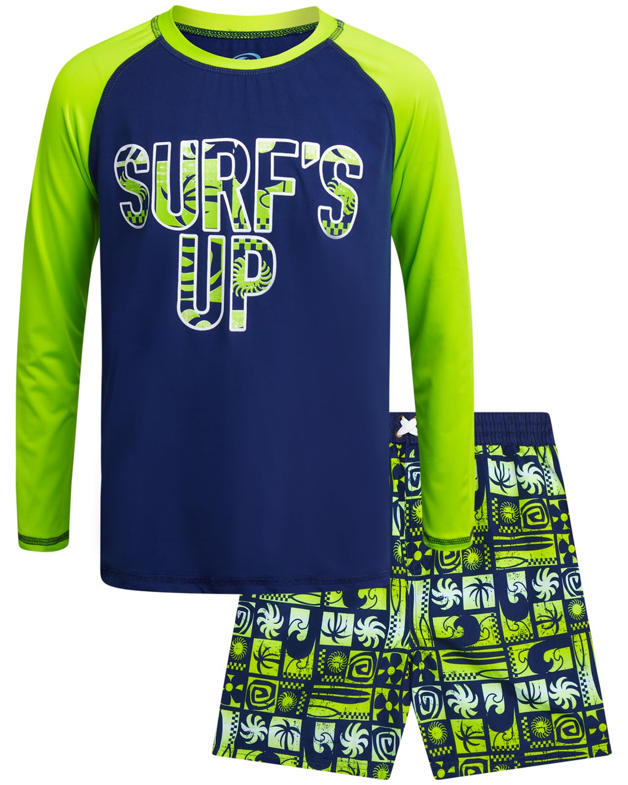 Quad Seven Boys 2-Piece Rash Guard Swimsuit Set Short-Sleeve (Sizes 5-12) | Lightweight Quick-Dry Fabric with Sun Protection, Matching Top &amp; Trunks, Adjustable Drawstring Waist for Pool or Beach Days