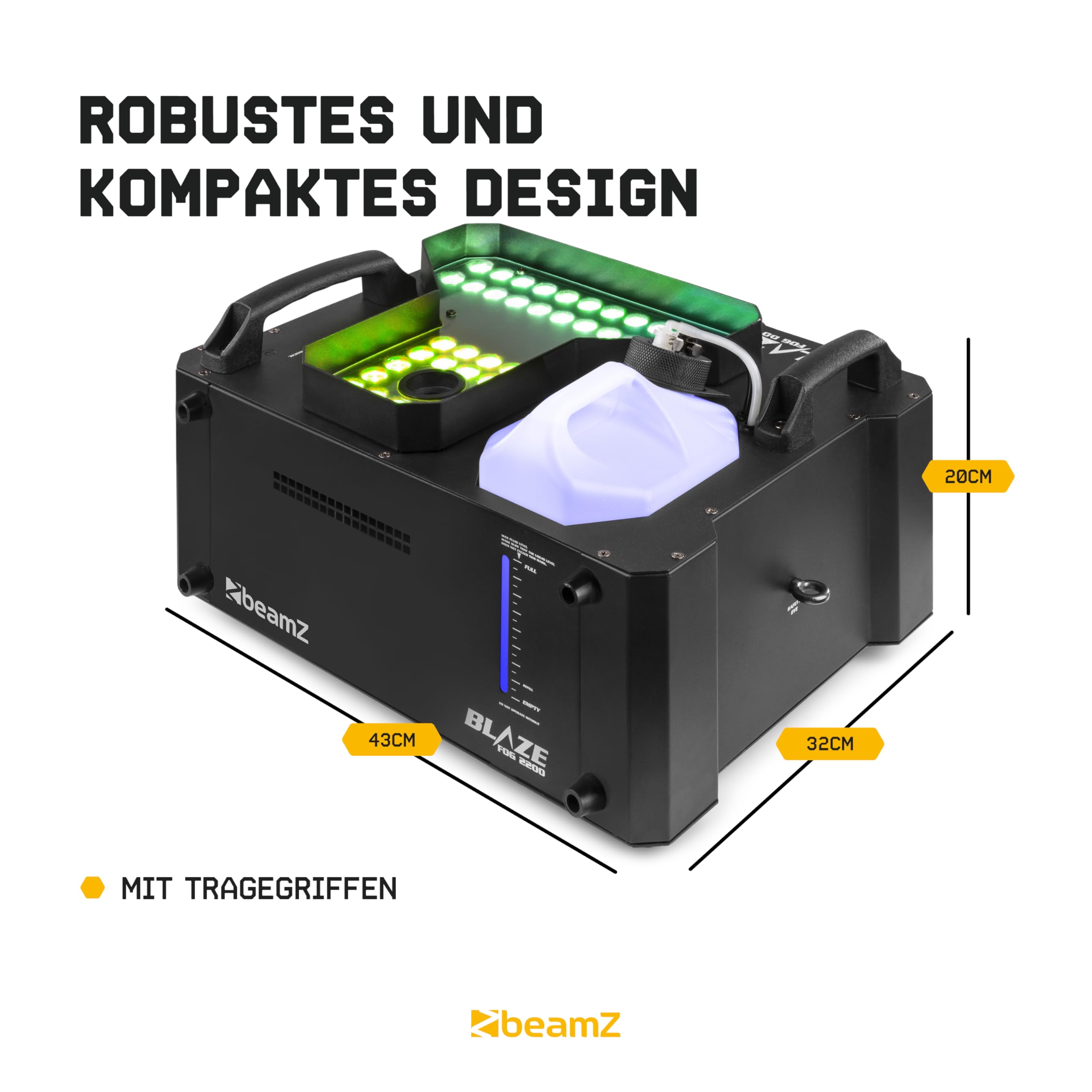 BeamZ Blaze2200 - Nebelmaschine mit Lichteffekt 2200 Watt, inkl. 10L Nebelfluid vertikal und horizontal Rauchmaschine mit 24x4W LED Spots, für professionelle Shows, Halloween, Hochzeiten, DJs, Partys