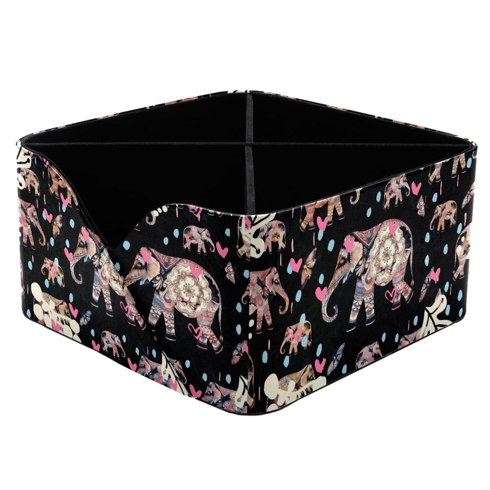 KengjuTesu Indian Tribe Elephant Love Heart Dot Butterfly Pattern Desktop Organizer Pen Holder, Rectangular Pencil Cup for Office, Study and Makeup Stations