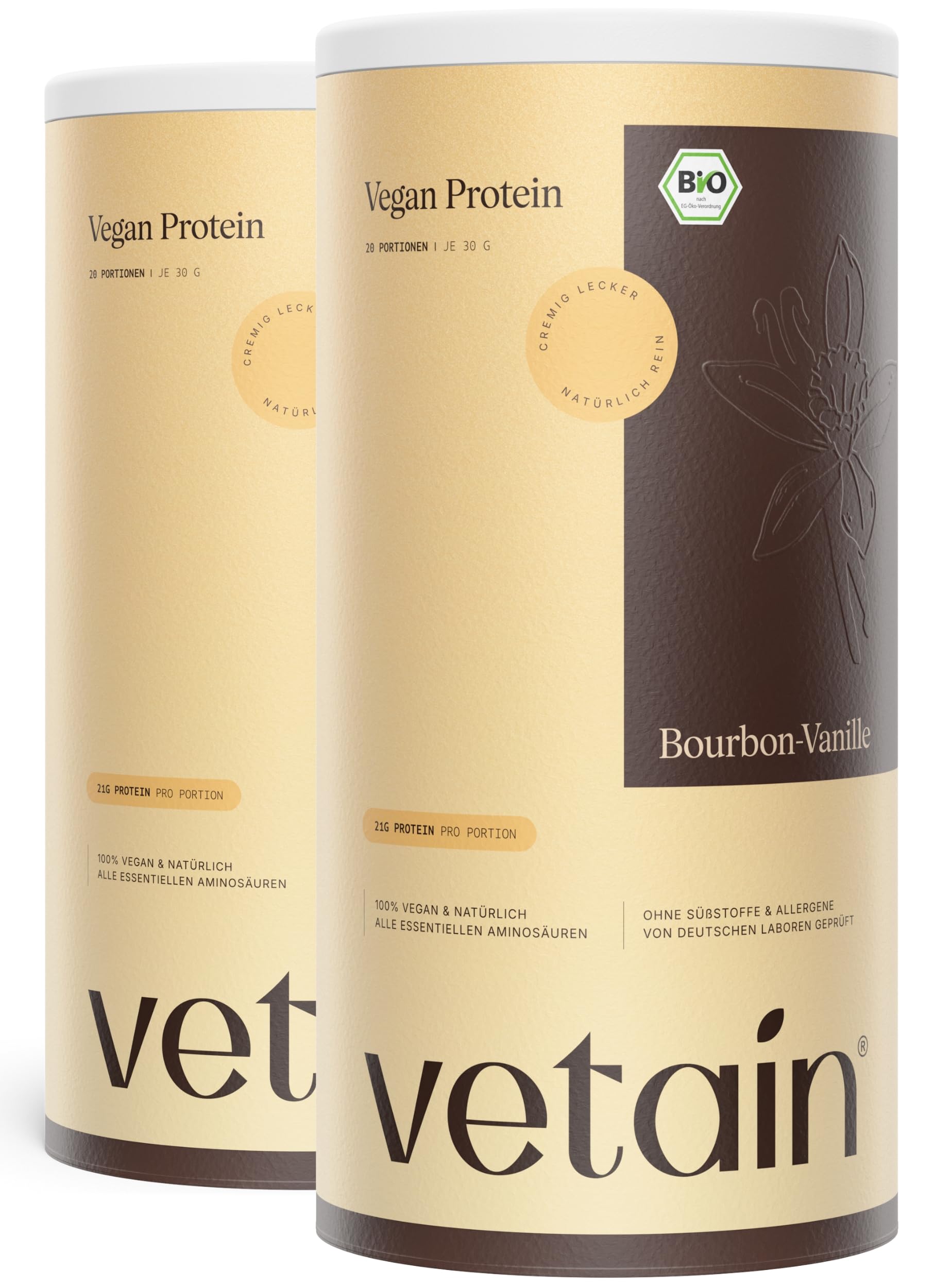 VETAIN Veganes Proteinpulver - 23g Eiweiß - 600g - Ohne Süßungsmittel - Bio Protein Pulver - 5 Proteinquellen fermentiert Erbsen & Reis - Vollständiges EAA & BCAA - Laborgeprüft