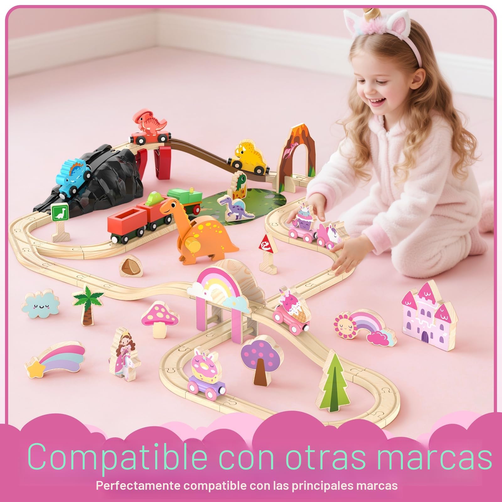 Lehoo Castle Tren Madera Juguete, Juguetes de Unicornio para Niñas, Juguete de Tren Compatible con Thomas, Brio y Hape, Juguetes para Niñas de 3 4 5