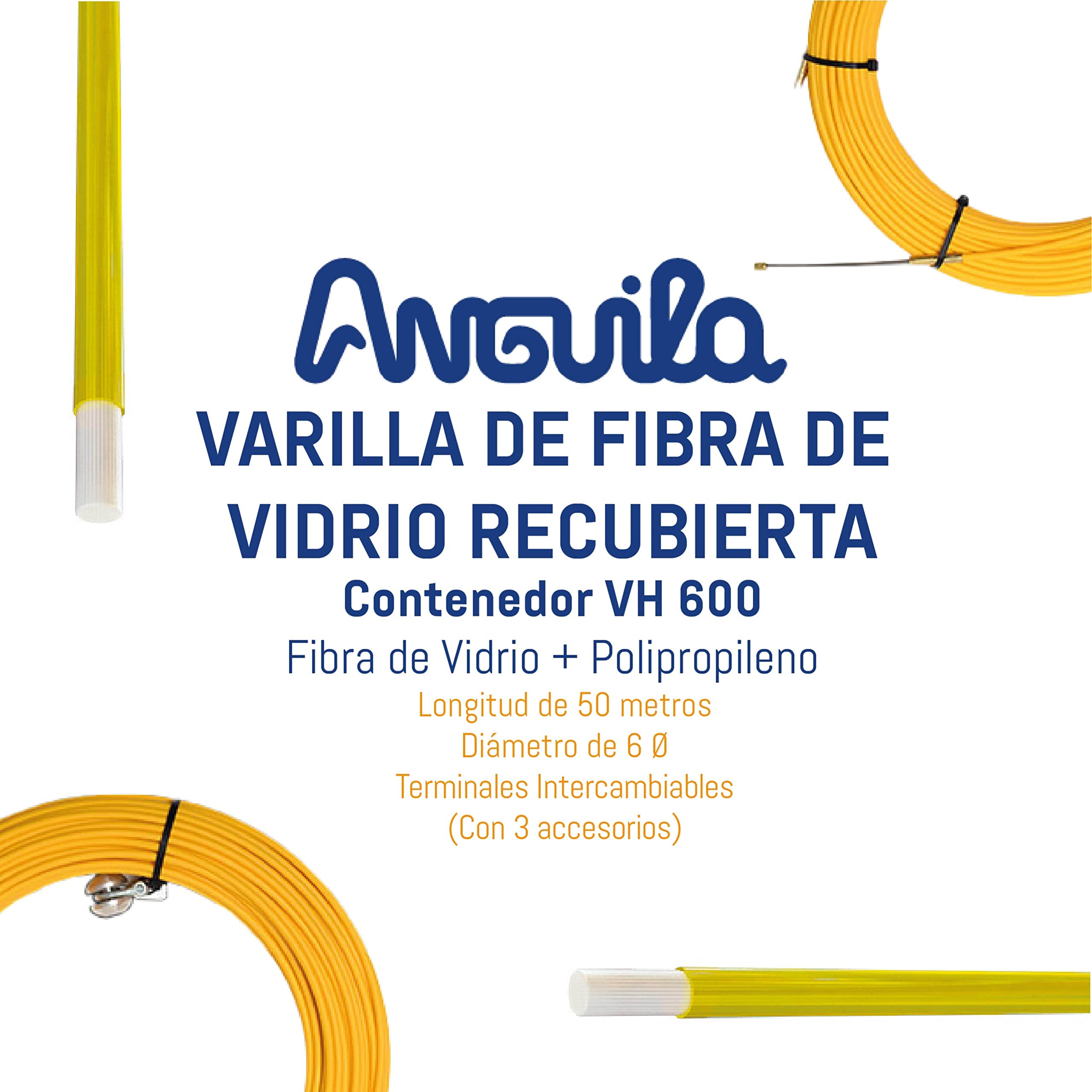 Anguila Pasacable Industrial Fibra Vidrio Amarillo ⌀6mm 50m VH600 | Rígida, sin efecto memoria y gran fuerza de empuje en recto; terminales intercambiables; incluye 3 accesorios