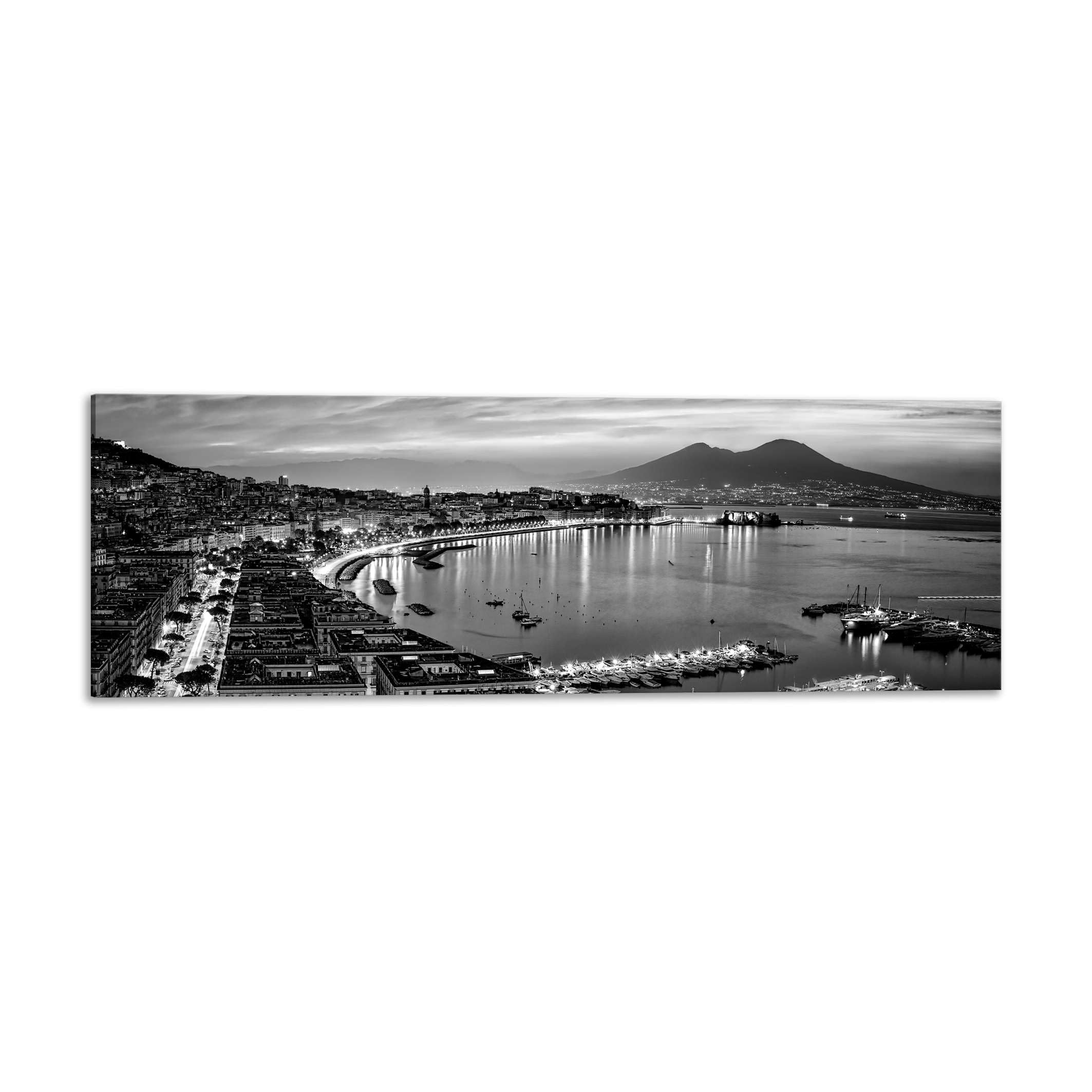 Panorama golfo di Napoli bianco e nero - Quadro Stampa su Tela con Telaio in legno - 150x50 cm