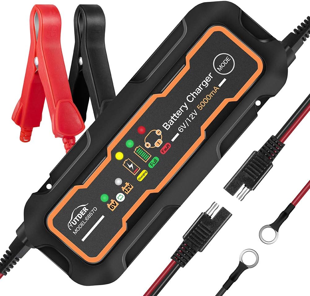 AUTDER 6V/12V 5A Fast Smart Battery Charger with Detachable Alligator Clips and Ring Connectors Automatic Battery Maintainer