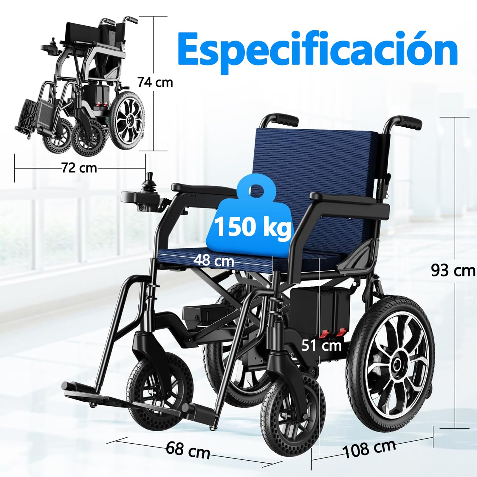 AMITD Silla de Ruedas Eléctrica Plegable Ligero Todo Terreno, 20 kg, Autonomía 20 km, Carga 150 kg, Ruedas de 16 Pulgadas, Doble Batería de Litio Extraíble, para Interior Exterior Viajar