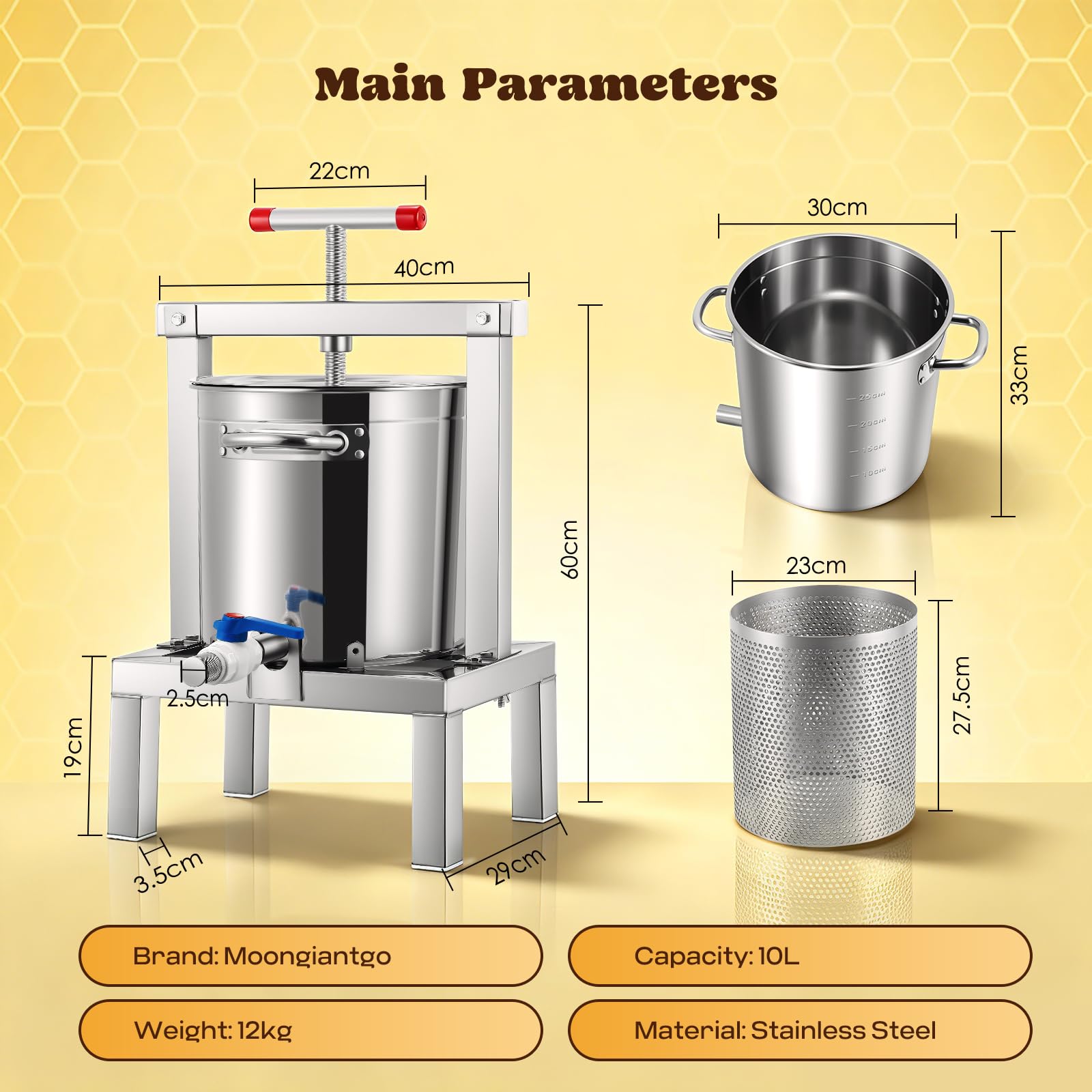 Moongiantgo Presse à Miel Manuelle De 10 L, Presse à Fruits Et à Vin En Acier Inoxydable Avec Poignée En T, Entièrement Fermée, Filtration Multiple, Amovible Pour Miel, Jus, Vin, Cidre, Et Apiculture