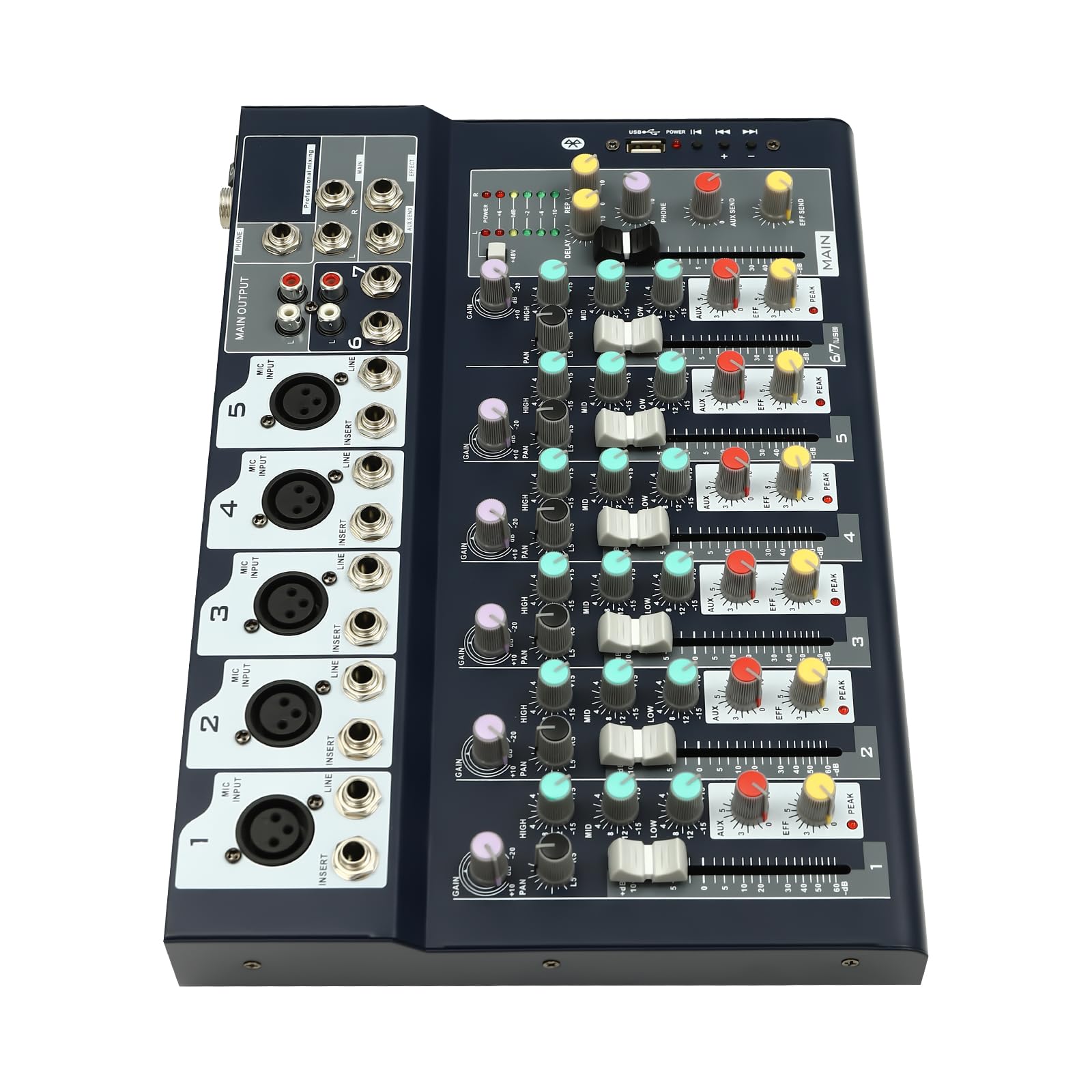 Mixer audio a 7 canali con Bluetooth e USB, alimentazione phantom da 48 V, equalizzatore a 3 bande, 5 effetti sonori, mixer stereo digitale per karaoke domestico, podcast, streaming live, band