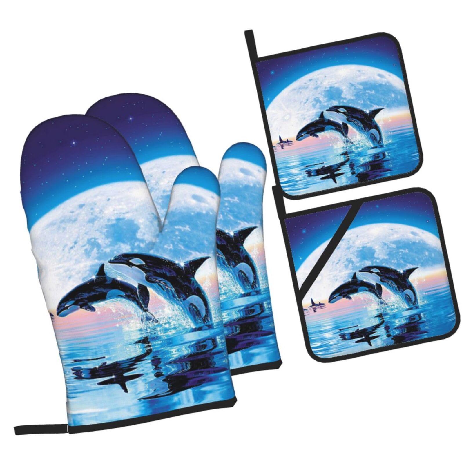 Whales Jump Printed Oven Mitts and Pot Holders Heat Resistant Set of 4 Pcs, Modern Kitchen Gloves & Potholders for Cooking Baking Grilling