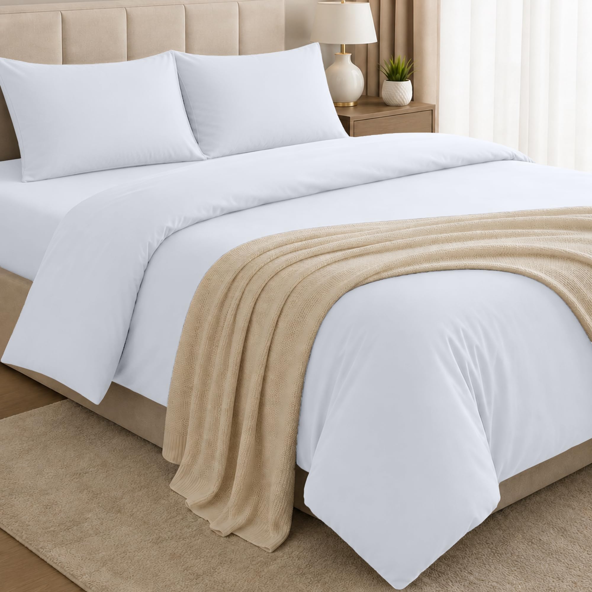 BEDIO White (4 Piece) King Bedding Set - Duvet Cover, Fitted Sheet with 2 Pillow cases - Soft Brushed Microfiber Set