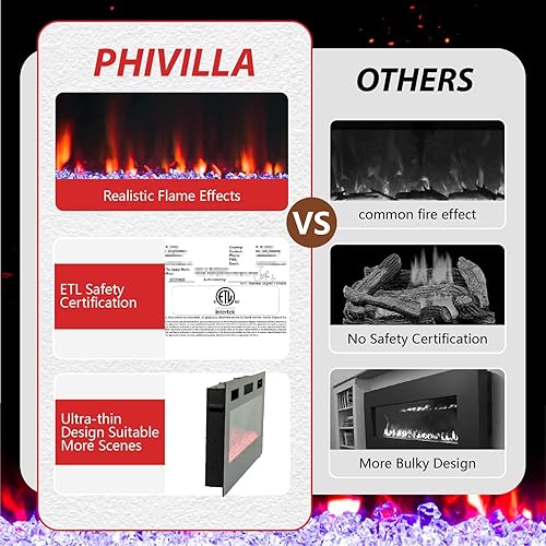 Miniatura 5 de PHI VILLA Chimenea eléctrica de 72 pulgadas montada en la pared y empotrada, chimenea lineal ultrafina de 3.19 pulgadas 7501500 W con control