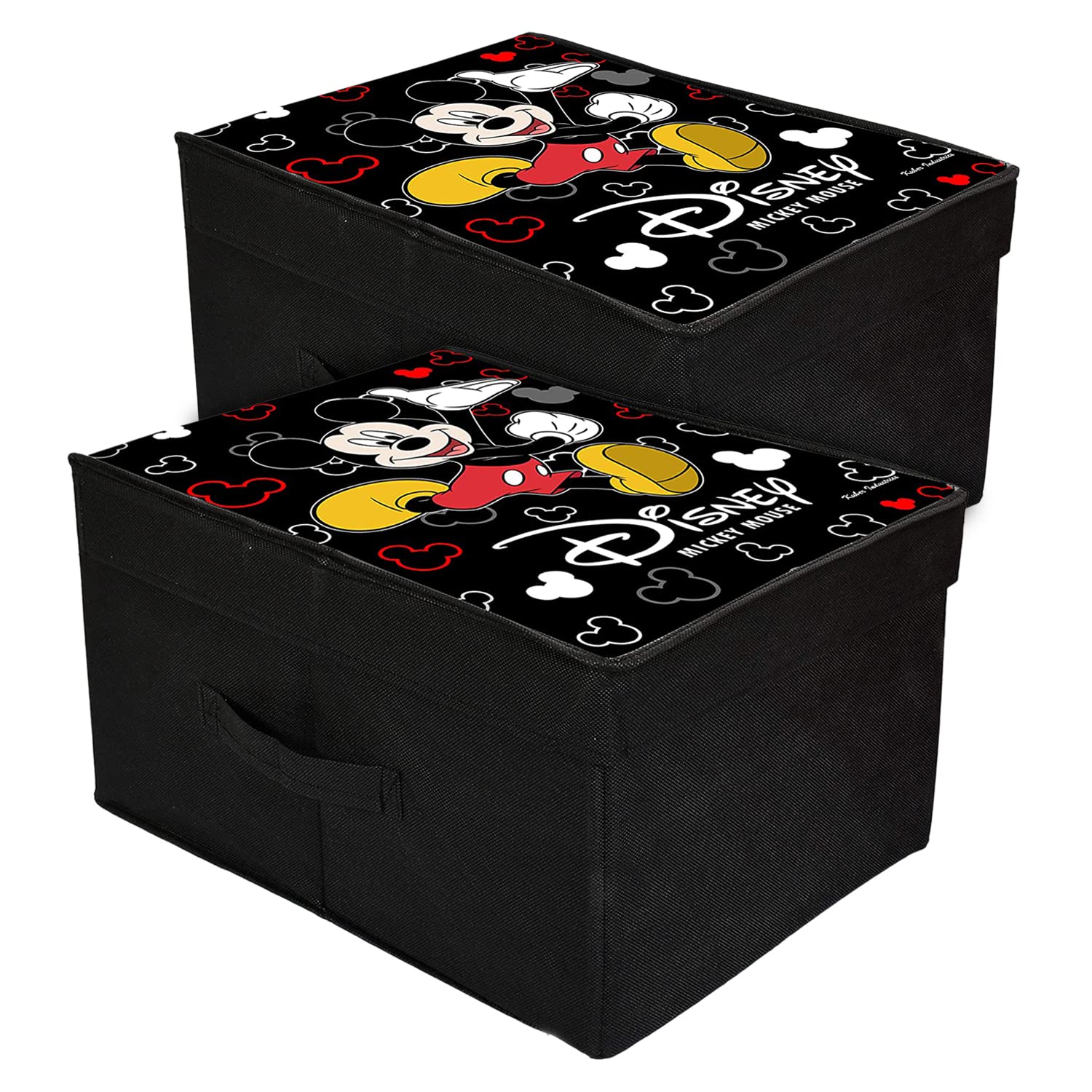 Kuber Industries Non-Woven Mickey Mouse Print Flodable Storage Box/Wardrobe Organizer With Lid For Home Decor, Pack of 2 (Black) 54KM4233