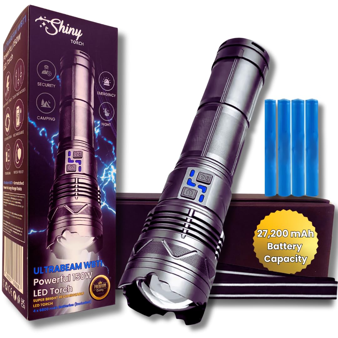 UltraBeam WBT1 | One Of the Most Powerful LED Torch – X Large Super Bright Rechargeable Flashlight with 2KM Range, Zoomable, 7 Modes, Waterproof, Long Battery Life – Ideal for Camping, Search & Rescue