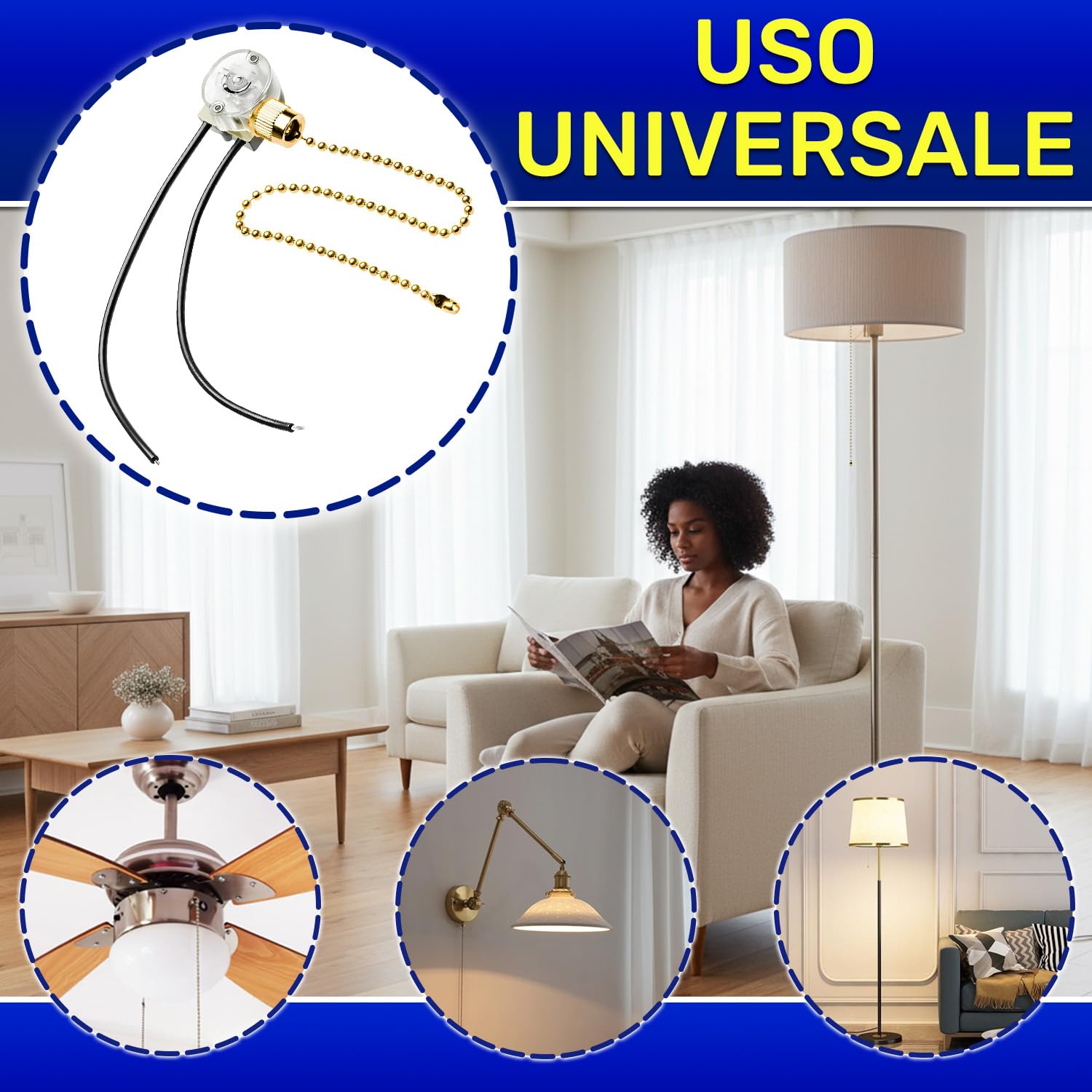 2 Pezzi Interruttore a Corda per Luce con Catena da 300 mm 750W 220-240V - Garanzia di 10 Anni - MONTERAL