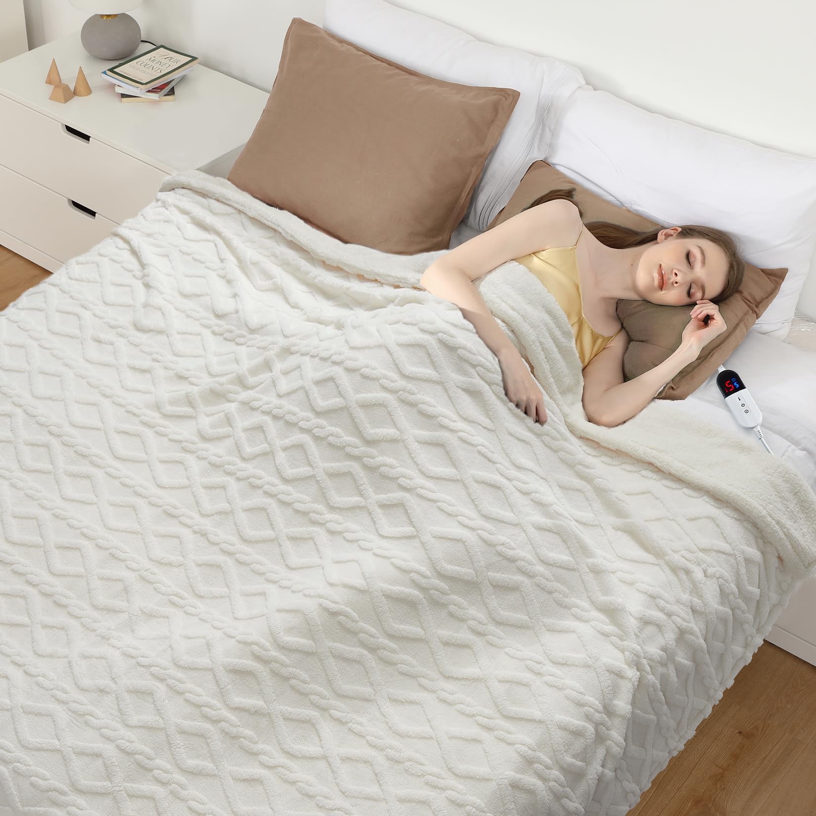 Heated Throw Blanket - 160x130cm Thick Tufted Sherpa Electric Blanket with 6 Heating Levels & 10 Time Settings, SAA Certified Overheat Protection Machine Washable Fast Heated Blanket, Beige