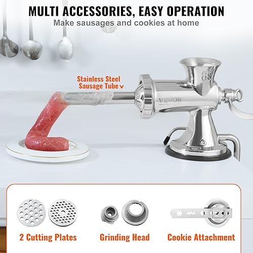 Miniatura 5 de VEVOR Picadora manual de carne, molinillo de carne manual de acero inoxidable 304 con ventosa + abrazadera de mesa de acero, máquina de salchichas y
