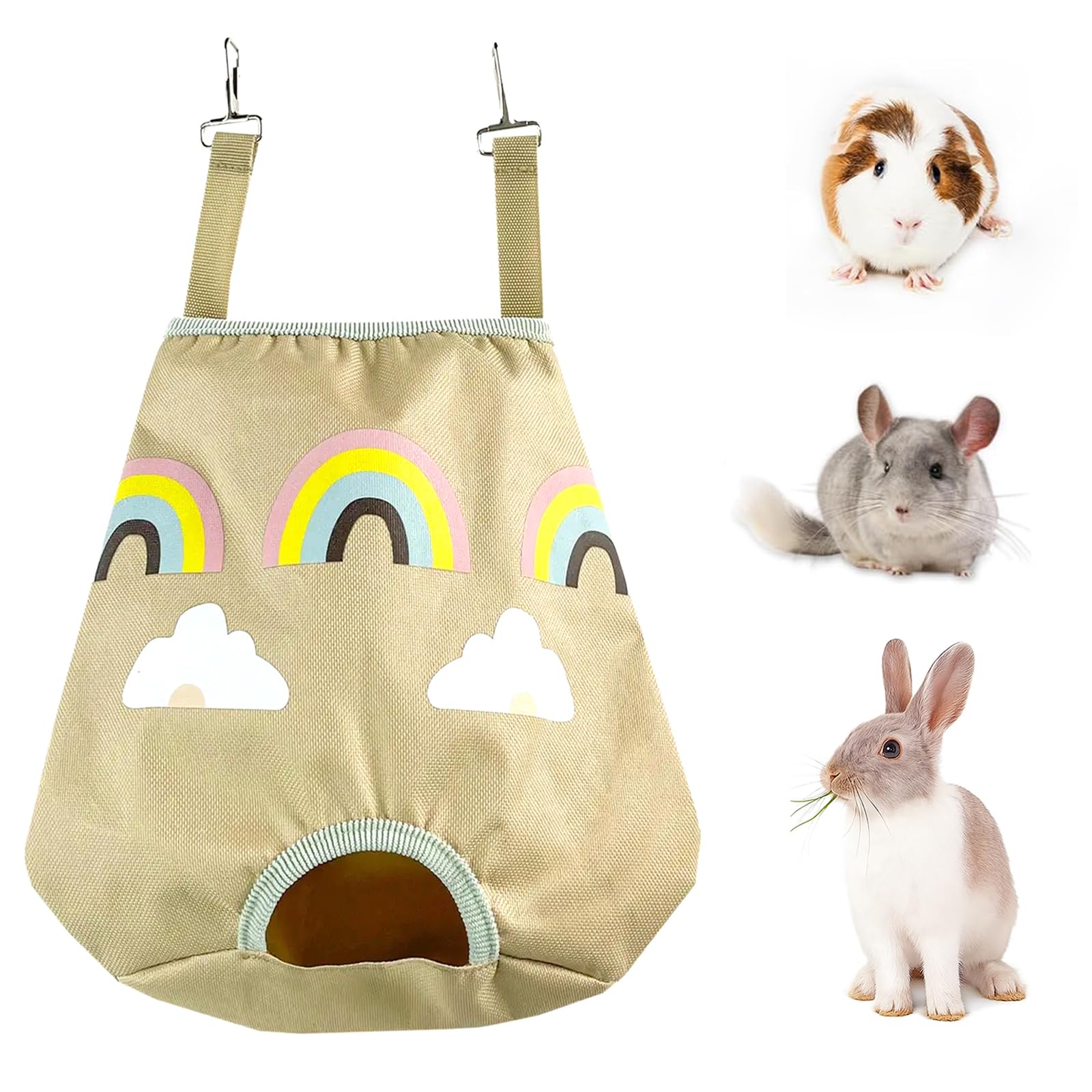 Rabbit Hay Feeder Bag for Guinea Pigs and Chinchillas | Cute Rainbow Design, Washable Oxford Cloth, Single Hole Timothy Hay Holder