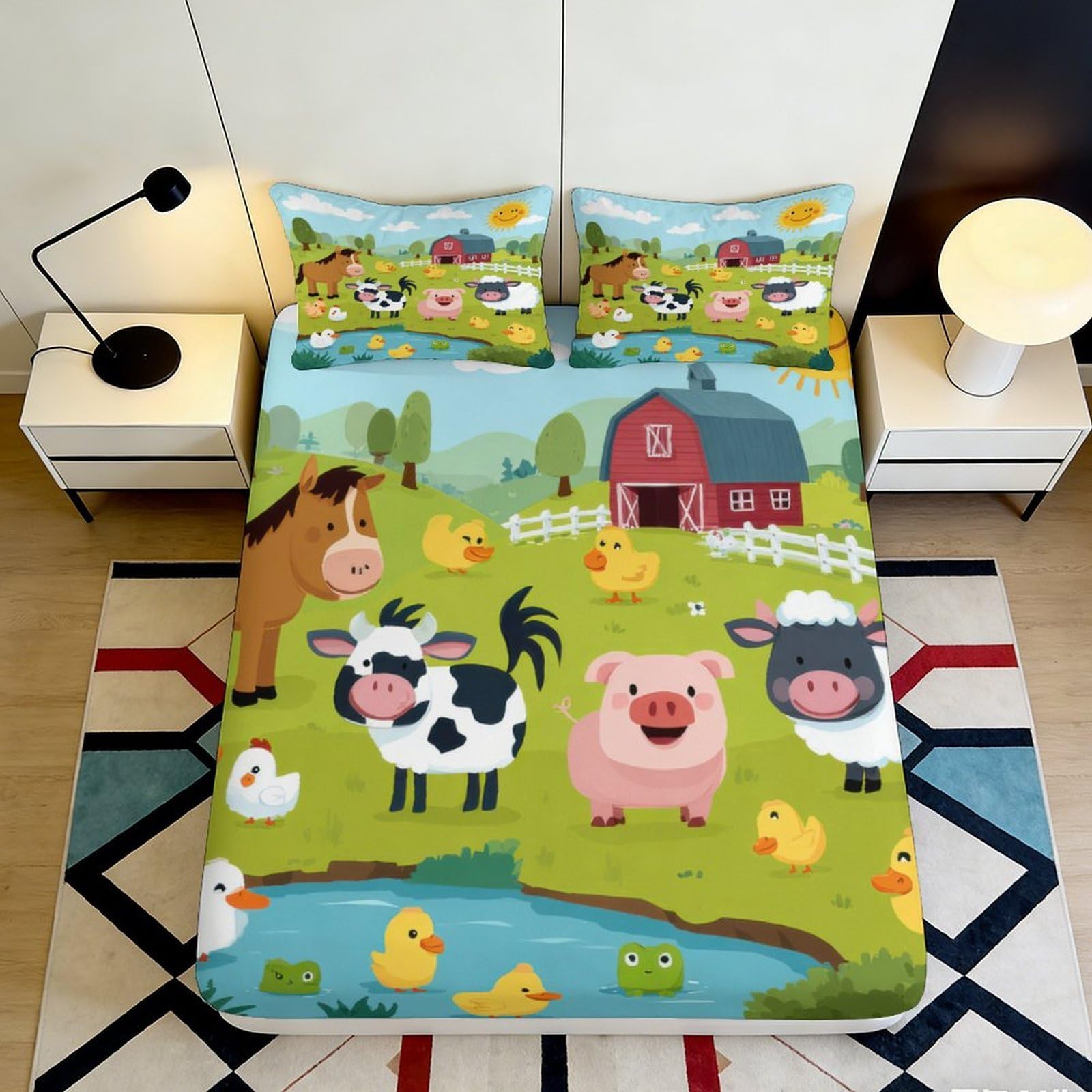 3D Printed Farm Animal Fitted Sheet Microfiber Duck Pond Mattress Cover for Bedroom Guest Room Dorm Decor 115 180x200x25cm