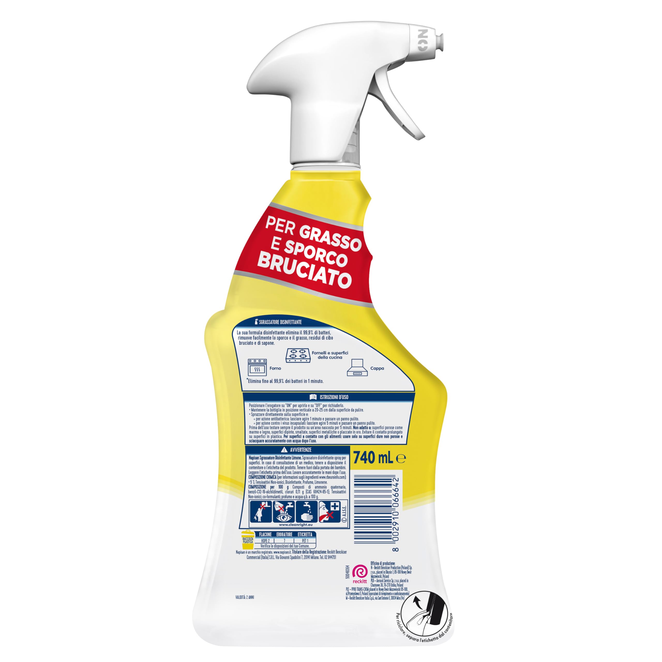 Napisan Spray Sgrassatore Disinfettante al Limone, Confezione da 12 pz da 740 ml di Sgrassatore Disinfettante, Spray da 740 ml