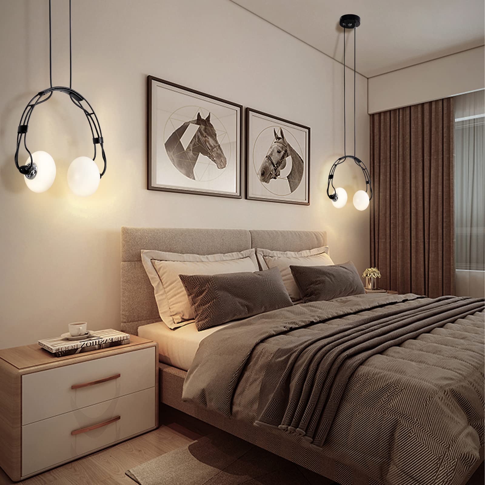 Kreatywna lampa wisząca LED, nowoczesna, żelazna, regulowana, wisząca lampa do jadalni, sypialni, szklany żyrandol, lampa sufitowa, 2 x żarówka G4, w zestawie (słuchawki, czarna)