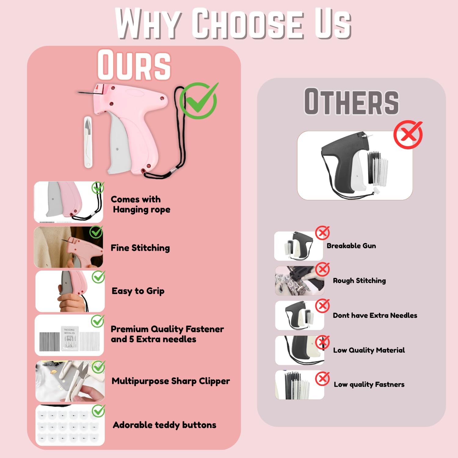 Stitch Gun for Clothes, Stitchy Gun Kit with 10 Needles,1500 Black & White Fasteners & 100 Buttons, Easy to Use Tagging Gun Tool for Sewing, Tagging, Quilting, Hemming tape for pants and Clothes - Image 6