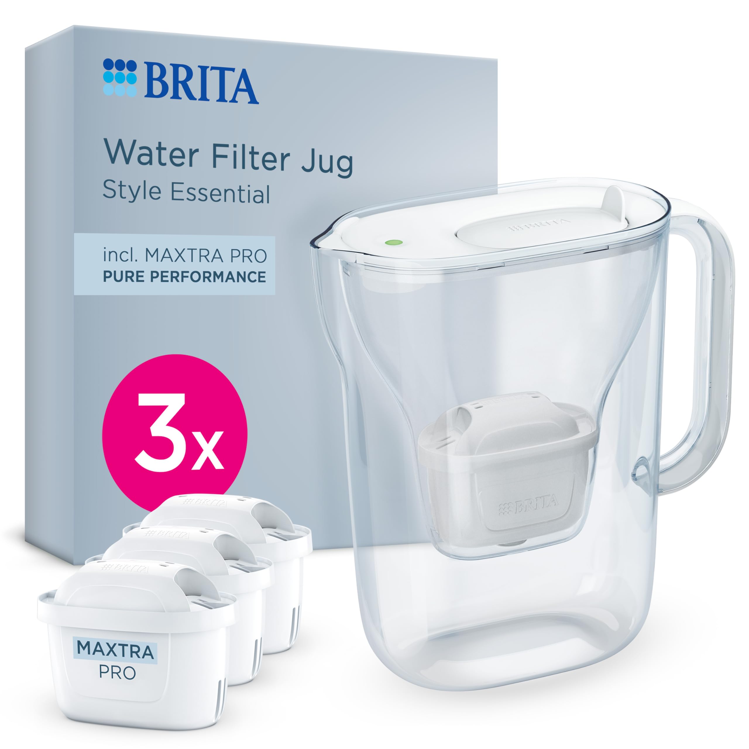 Brita White Water Filter Jug Maxtra Style Essential, 3X Pure Performance Filters