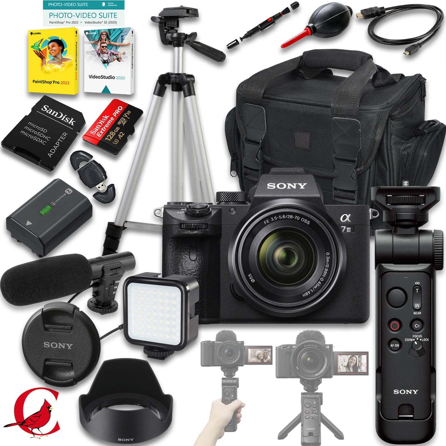 a7 III Mirrorless Camera with FE 28-70mm f/3.5-5.6 OSS Lens + Sony GP-VPT3 Wireless Shooting Grip + 128 GB Memory Card + LED Light + Microphone + More (22pc Bundle)