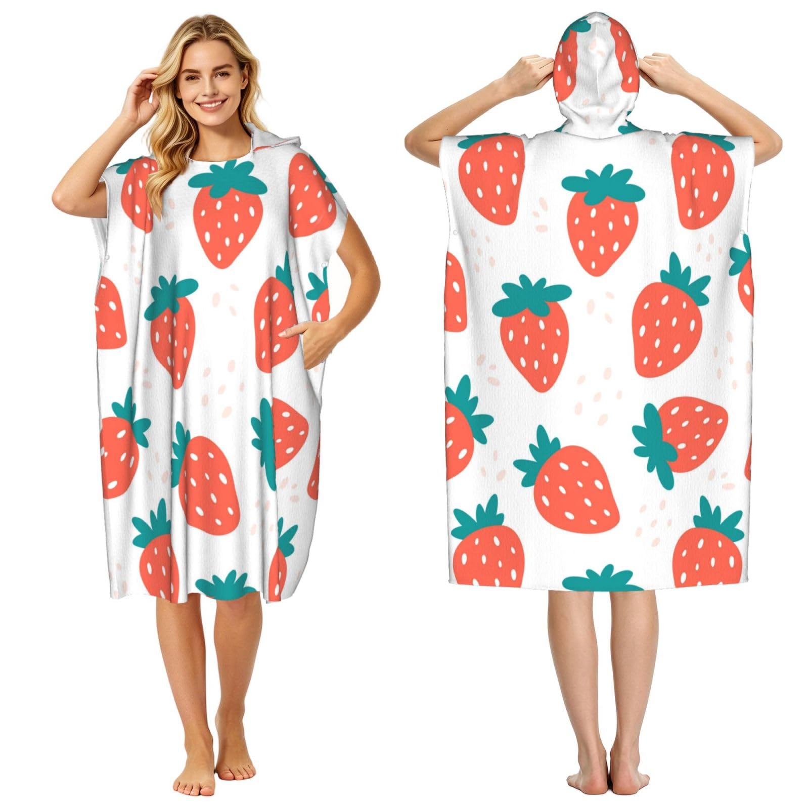Poadnly Strawberry, Adult Hooded Beach Towel 90 x 110 cm,Changing Bath Robe, Surf Poncho Towel For Women Men