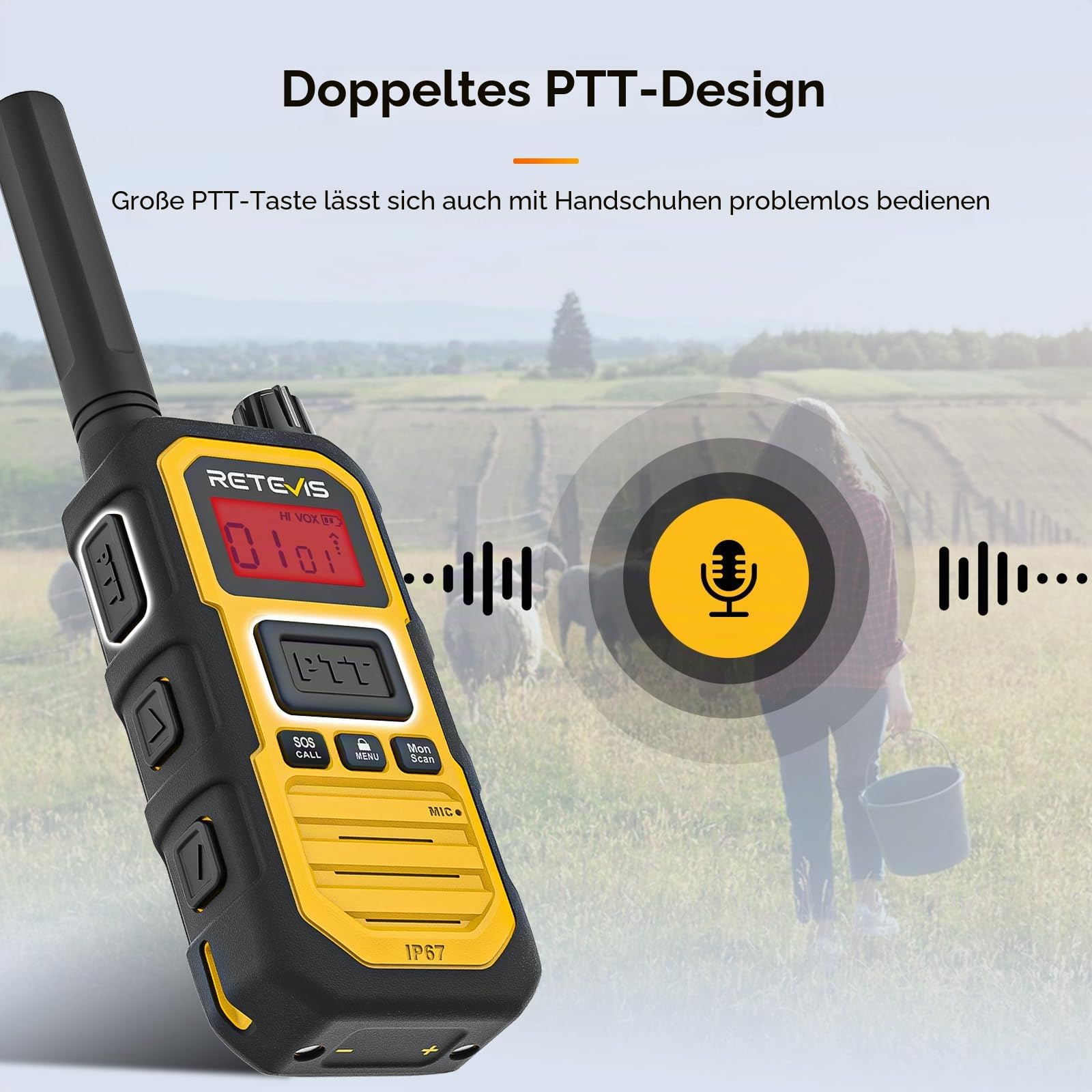 Retevis RB648Plus Walkie Talkie mit Großer Reichweite, IP67 Funkgerät | 2000mAh Typ C, Dual-PTT, Vibrationserinnerung, Robustes Funkgeräte für Bauernhof Baustellen (1 Stück, Gelb)