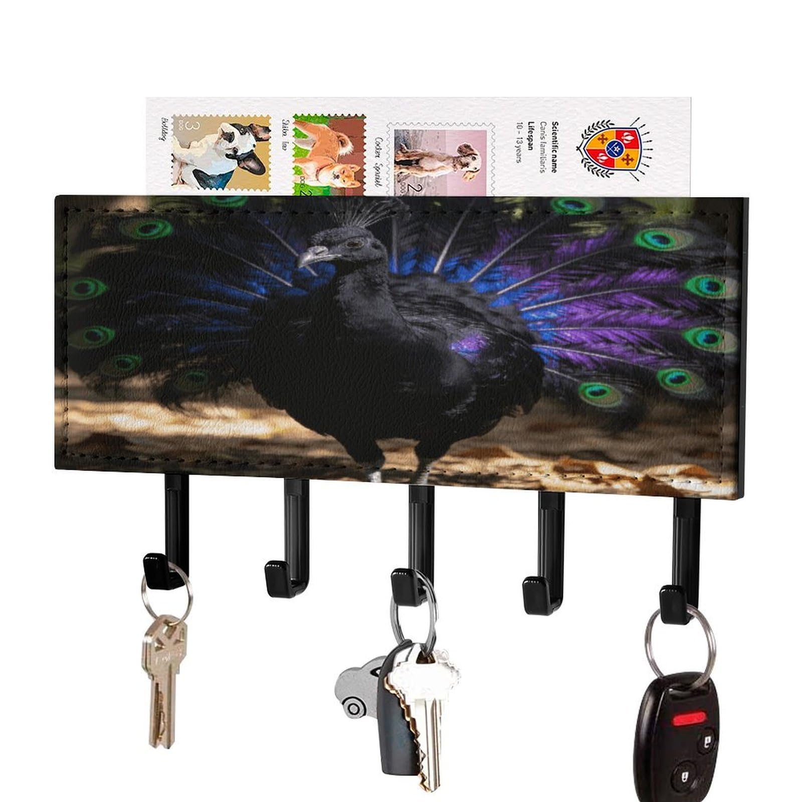 Vstadank Black-Style Black Peacock Key Holder Wall Mount Pu Key Rack Decorative Key And Mail Holder Wall Key Organizer With 5 Key Hooks Key Hanger For Entryway Kitchen Living Room Office Doorway Decor Black