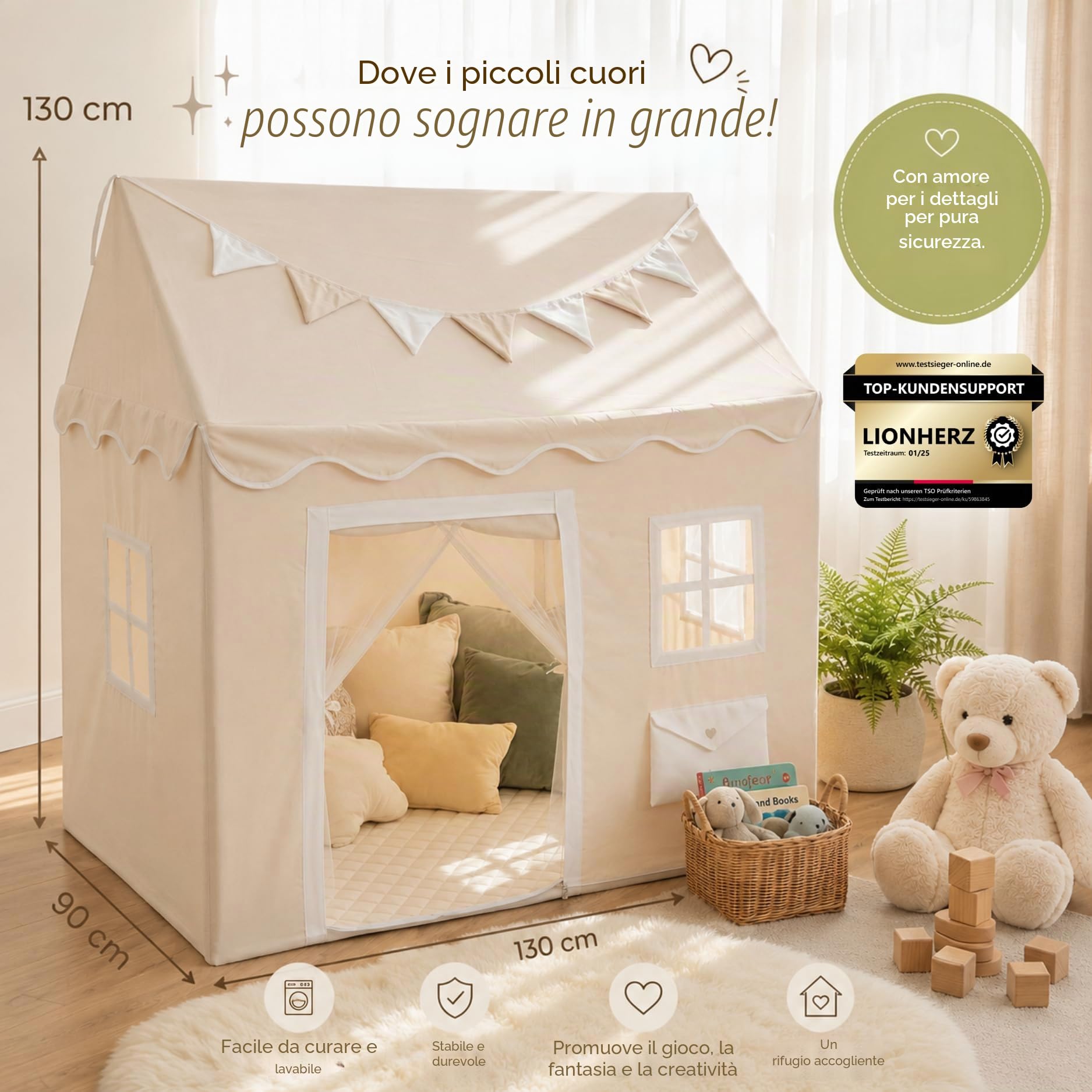 LIONHERZ DAS ORIGINAL - Casetta giocattolo per bambini, con cassetta postale, tenda da gioco per interni con tappeto e ghirlanda, casetta per bambini, con 3 finestre e tenda per porte