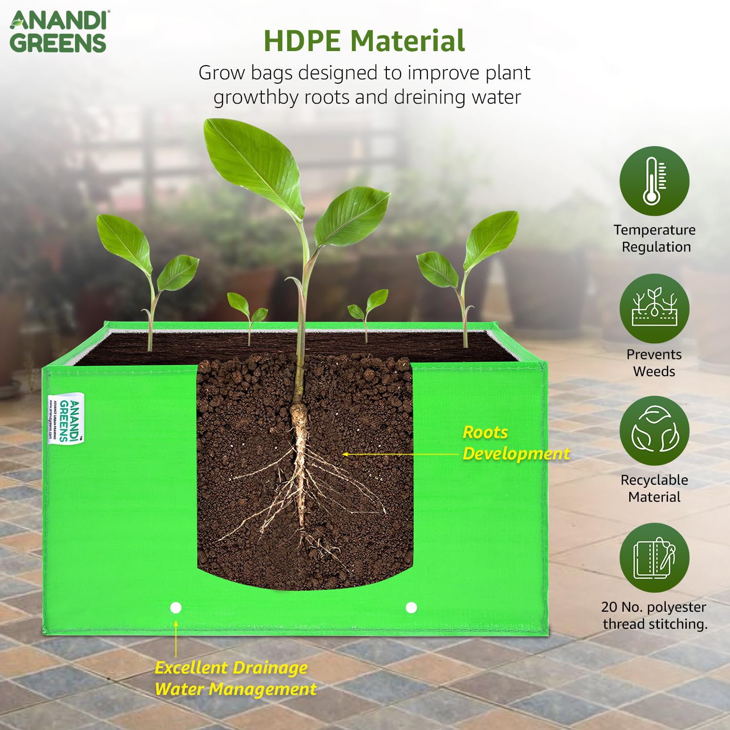 Anandi Green's Premium HDPE UV Protected 260 GSM Square Shaped Green Colour Plants Grow Bags Suitable for Terrace and Vegetable Gardening (Pack of 5, 24X12X9 INCH) 1