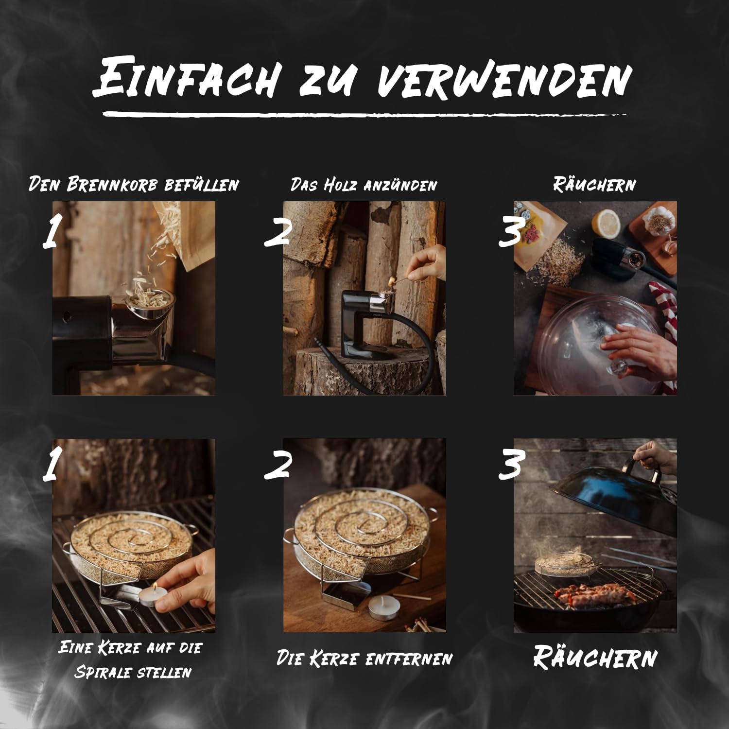 BWAY Räuchermehl Geschmack Olivenholz, Orangenholz, Mandelholz, Zitronenholz, Walnussholz, Eichenholz | Räucherspäne für Räucherofen | Räucherspäne GRATIS eBook mit 20 Rezepten (6 × 400 ml)